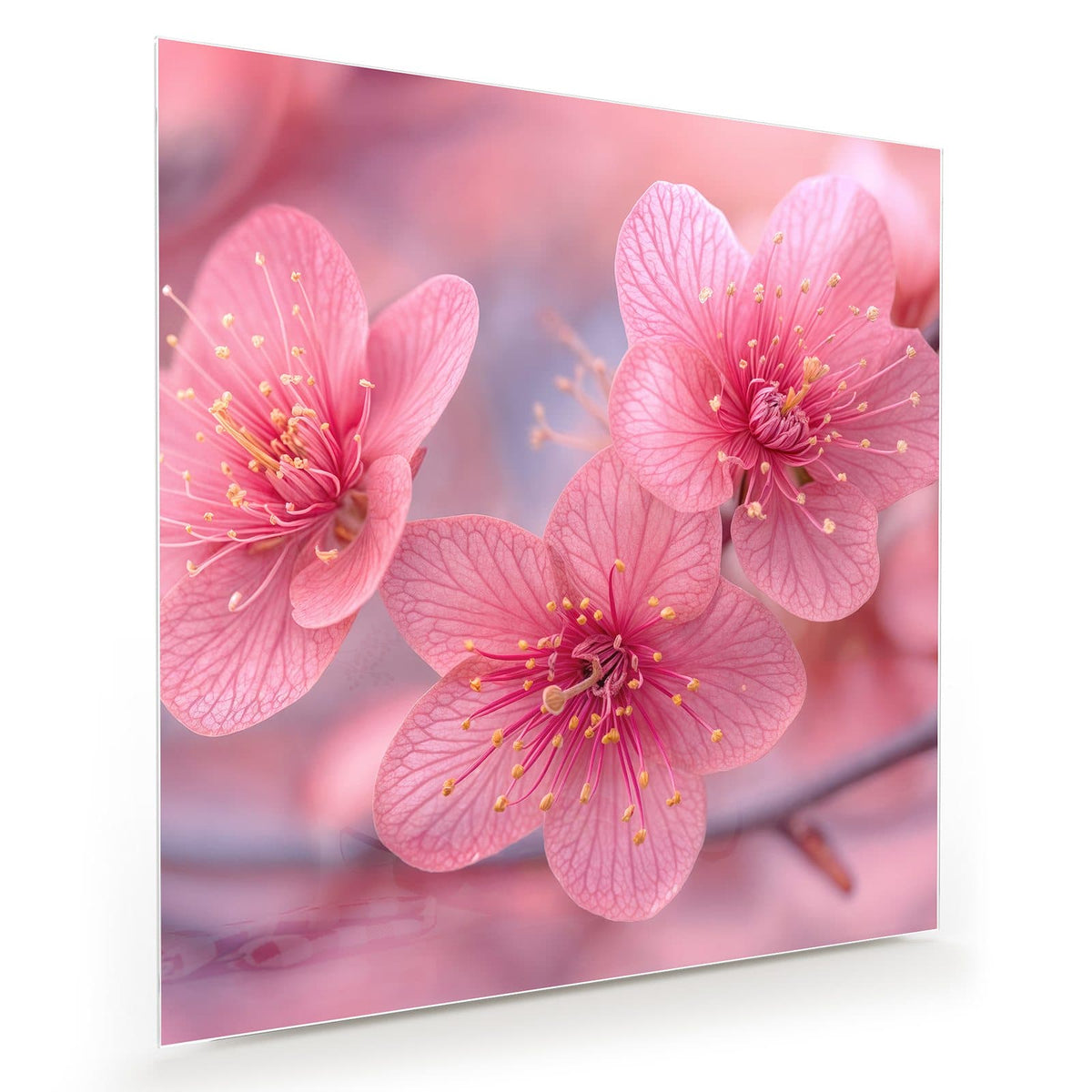 Drei kräftig pinke Blüten mit gelben Staubgefäßen in Nahaufnahme, rosa Bokeh dahinter