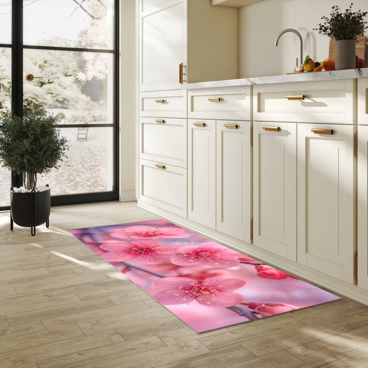 Komfortabler langer Teppich mit Motiv Blütenzauber in heller Küche