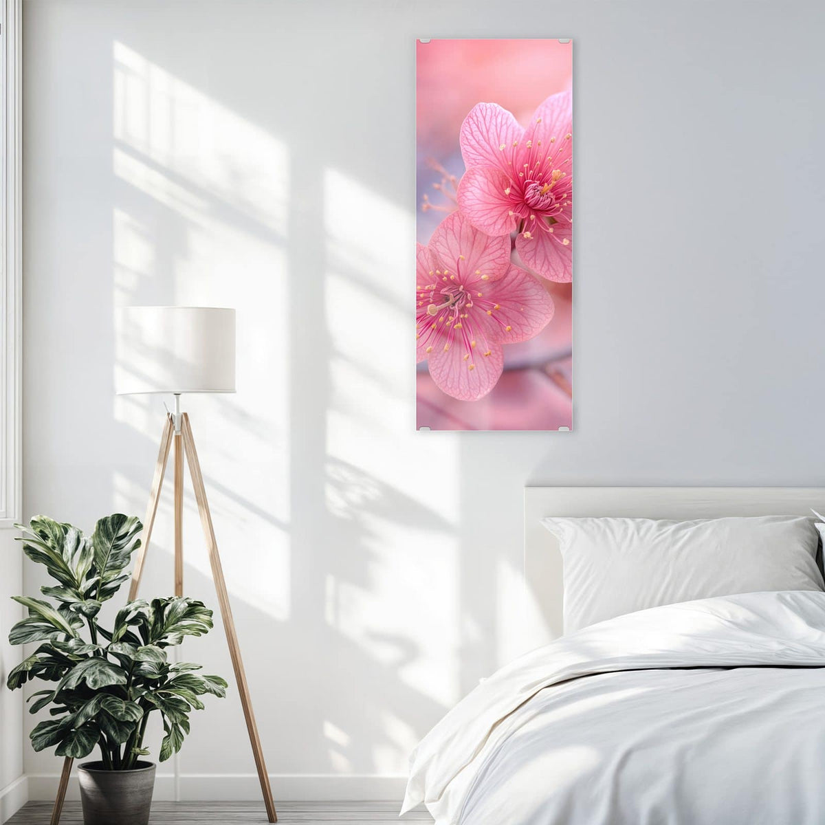 Glasbild Drei Blüten in Pink an der Wand – Drei kräftig pinke Blüten mit gelben Staubgefäßen in Nahaufnahme, rosa Bokeh dahinter