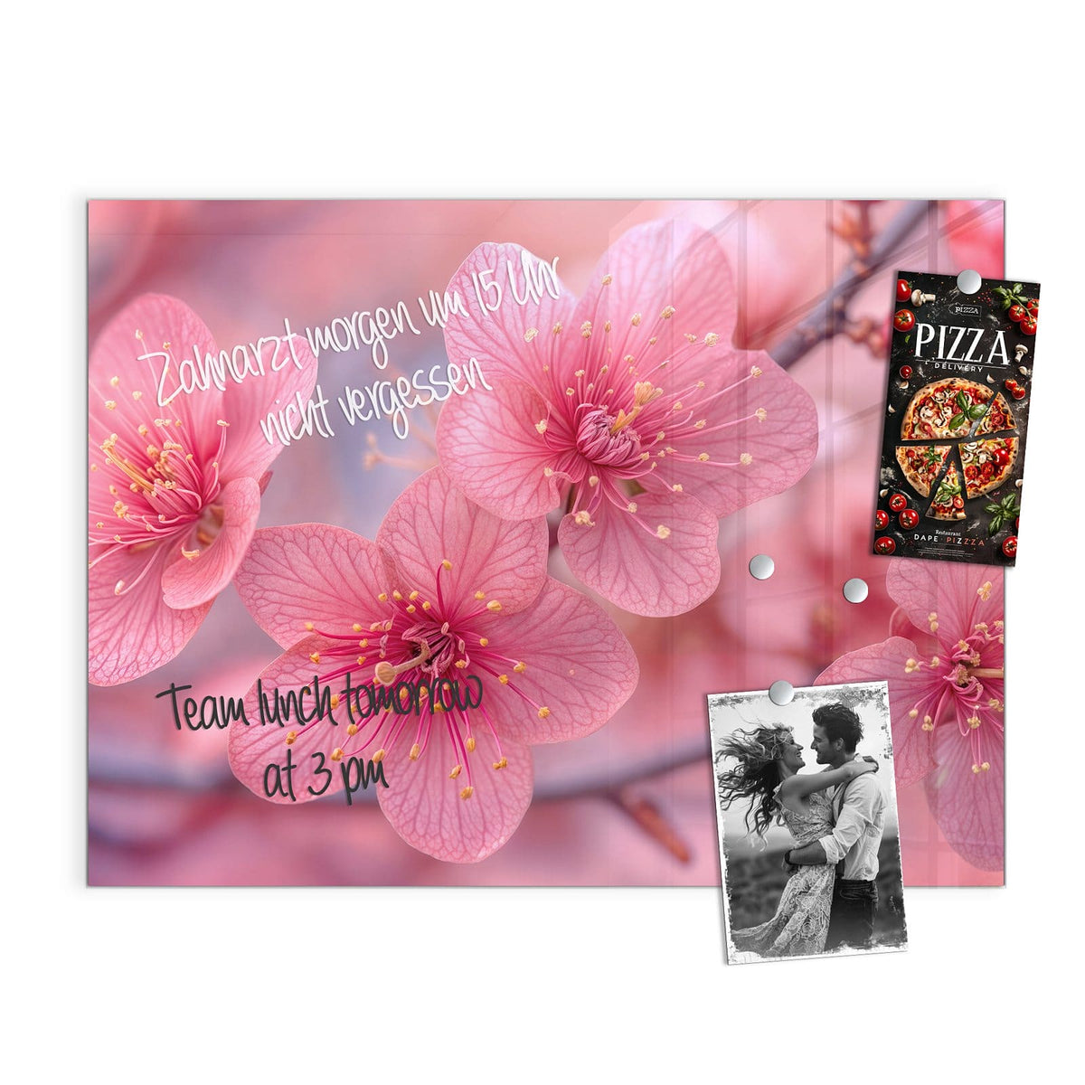 Beschreiben, abwischen, anheften – Glas Magnettafel - Drei Blüten in Pink