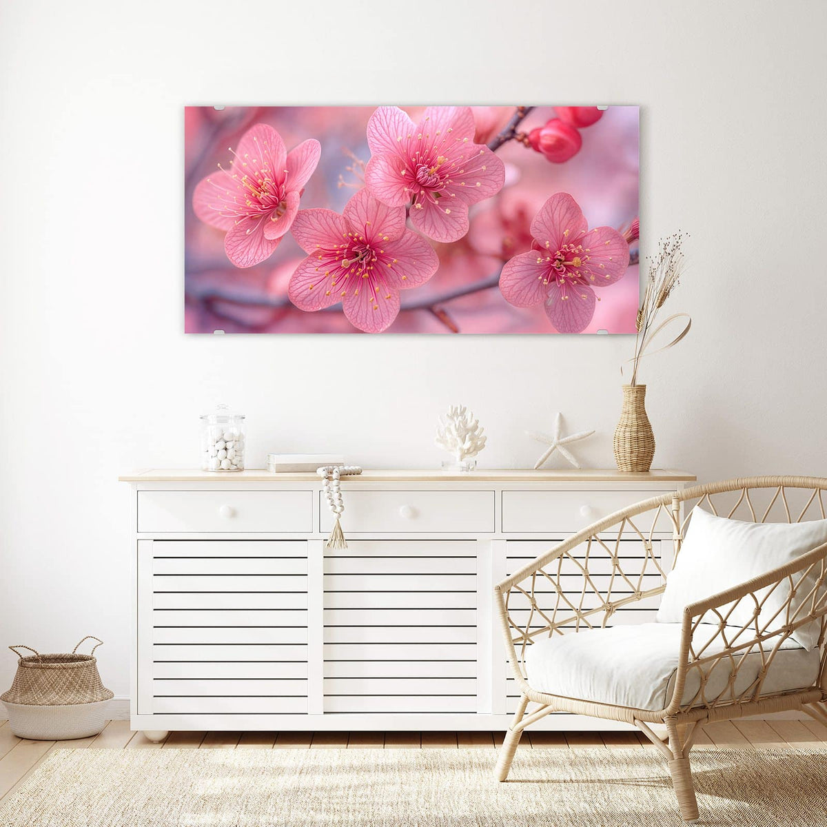 Echtglas, 4 mm – kein Acryl, keine Folie – Wandbild - Drei Blüten in Pink - Querformat