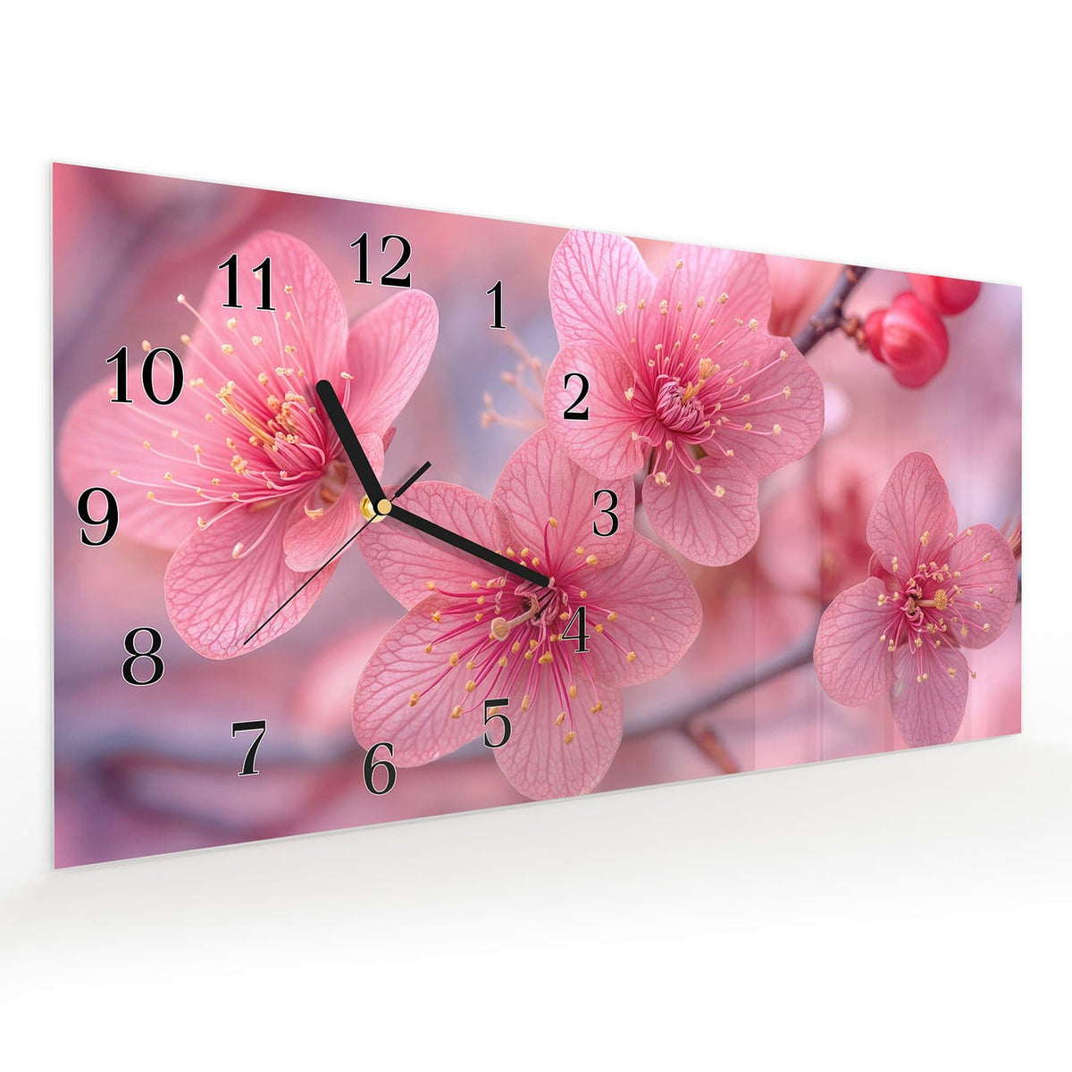 Vormontiert – mit Schwebeeffekt – Wanduhr Blütenzauber aus Glas – Querformat 60 × 30 cm