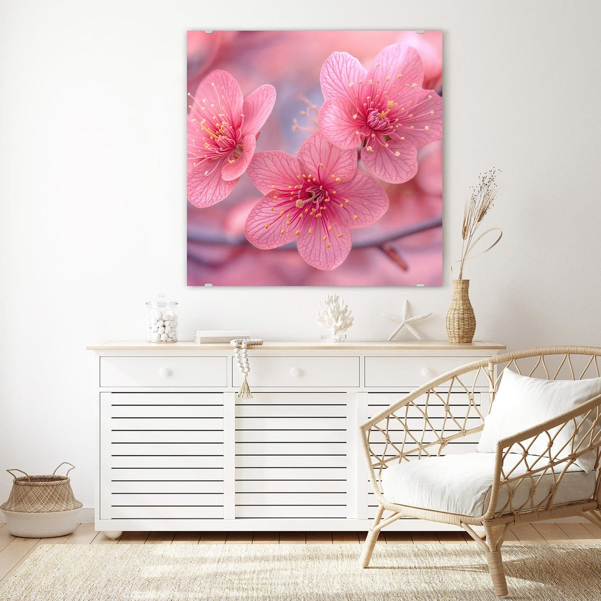Glasbild Drei Blüten in Pink an der Wand – Drei kräftig pinke Blüten mit gelben Staubgefäßen in Nahaufnahme, rosa Bokeh dahinter