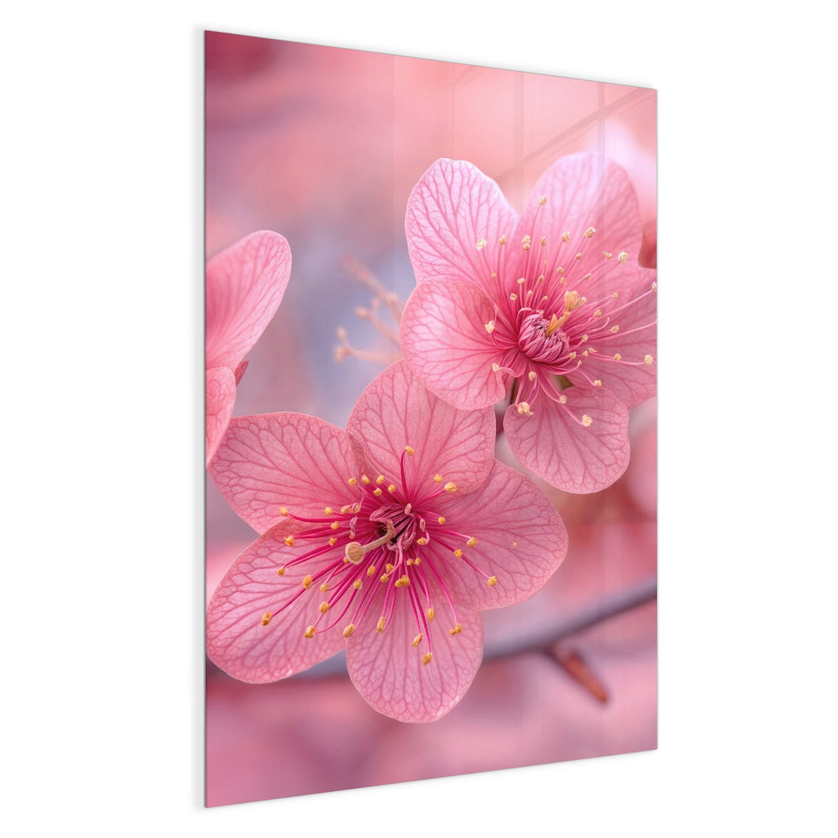 Drei kräftig pinke Blüten mit gelben Staubgefäßen in Nahaufnahme, rosa Bokeh dahinter