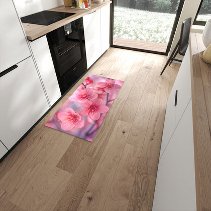 Küchenteppich mit dem Motiv Drei Blüten in Pink