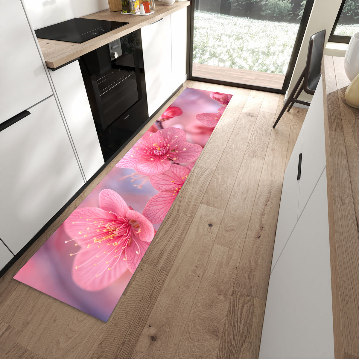 Küchenteppich mit Motiv Blütenzauber für angenehme Haptik in moderner Küche