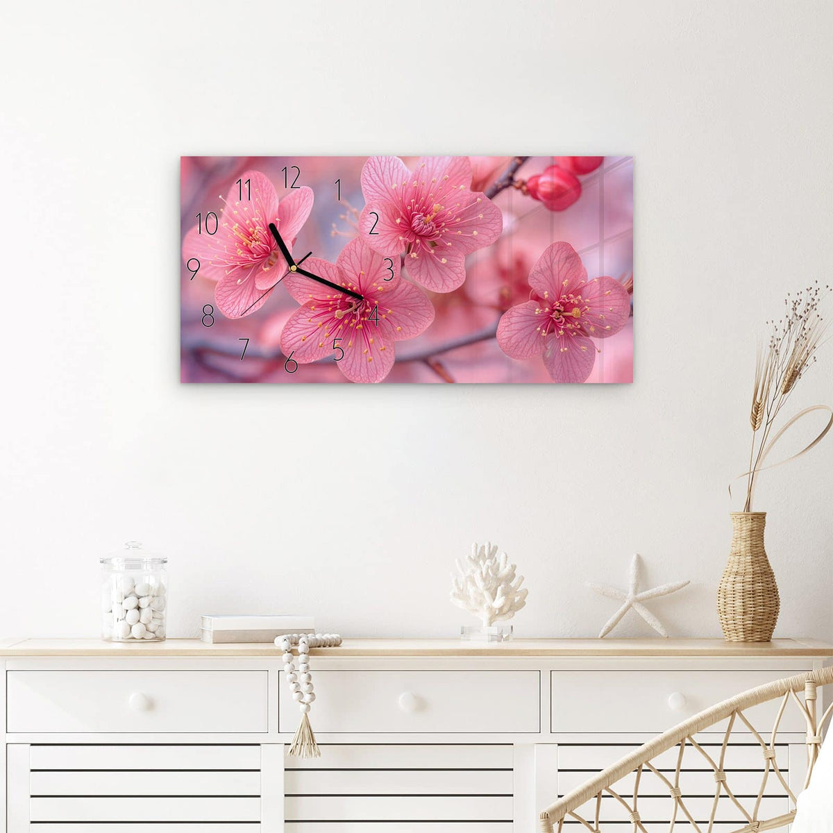 Wanduhr Blütenzauber aus Glas – Querformat 60 × 30 cm – Kirschblüten am Ast im Bokeh