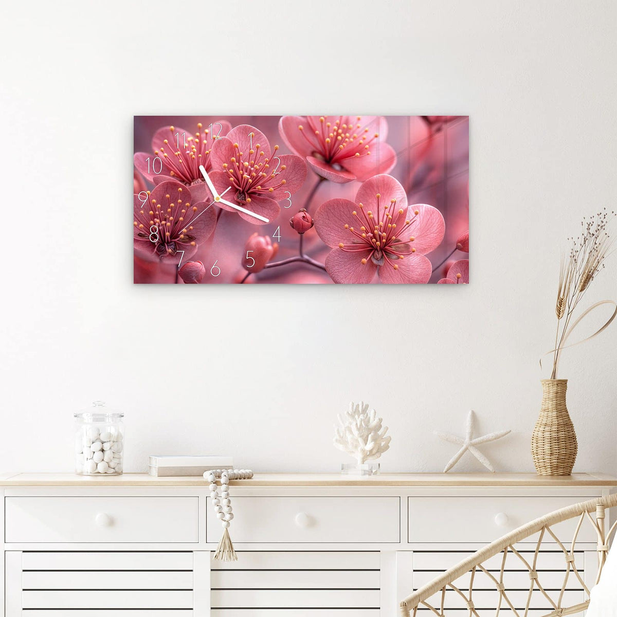 Wanduhr Kirschbaumblüten aus Glas – Querformat 60 × 30 cm – Zartrosa Kirschblüten mit Staubgefäßen