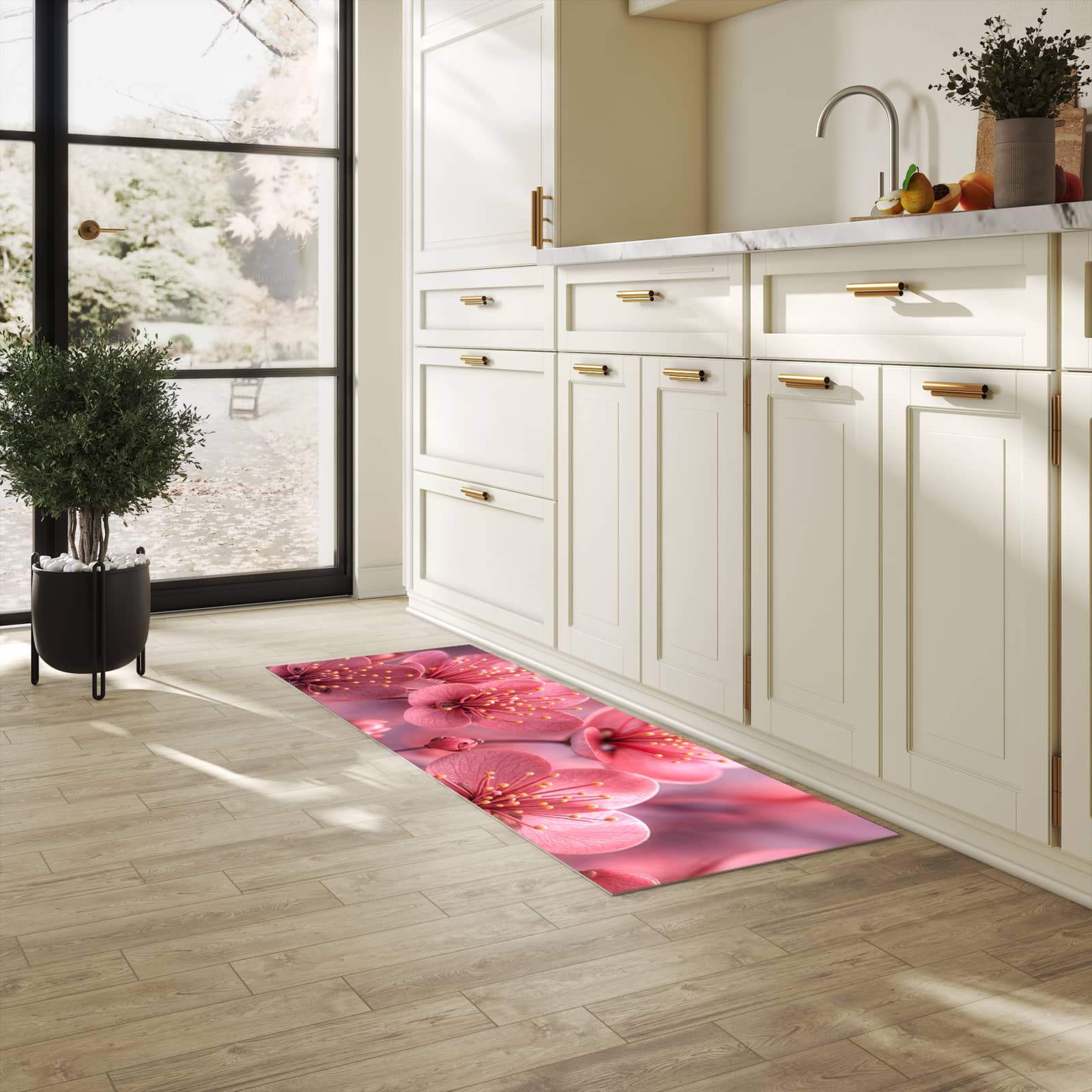 Komfortabler Teppich fürs Esszimmer mit Motiv Kirschbaumblüten in heller Küche, waschbar