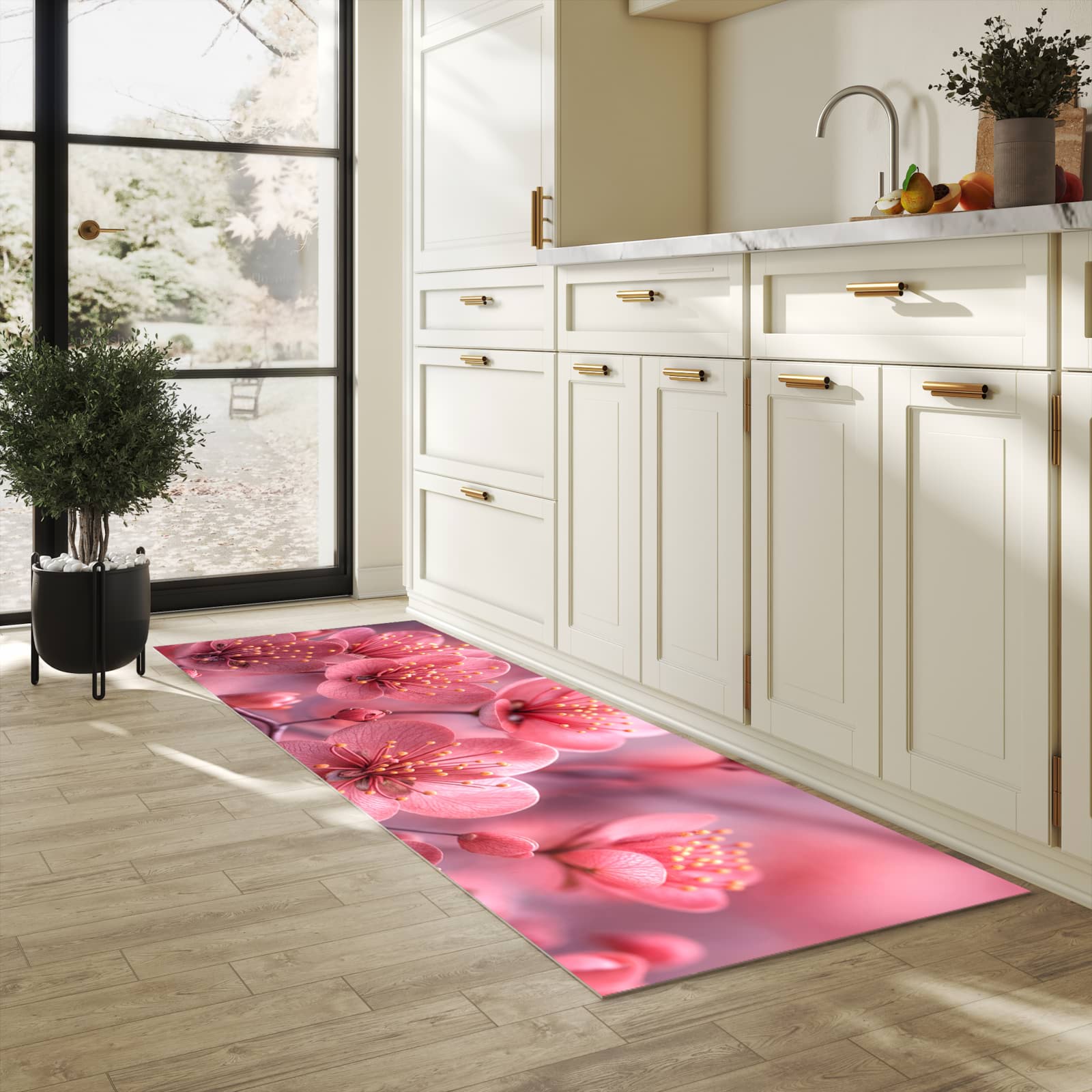 Waschbarer Küchenteppich mit Motiv Kirschbaumblüten in heller Küche