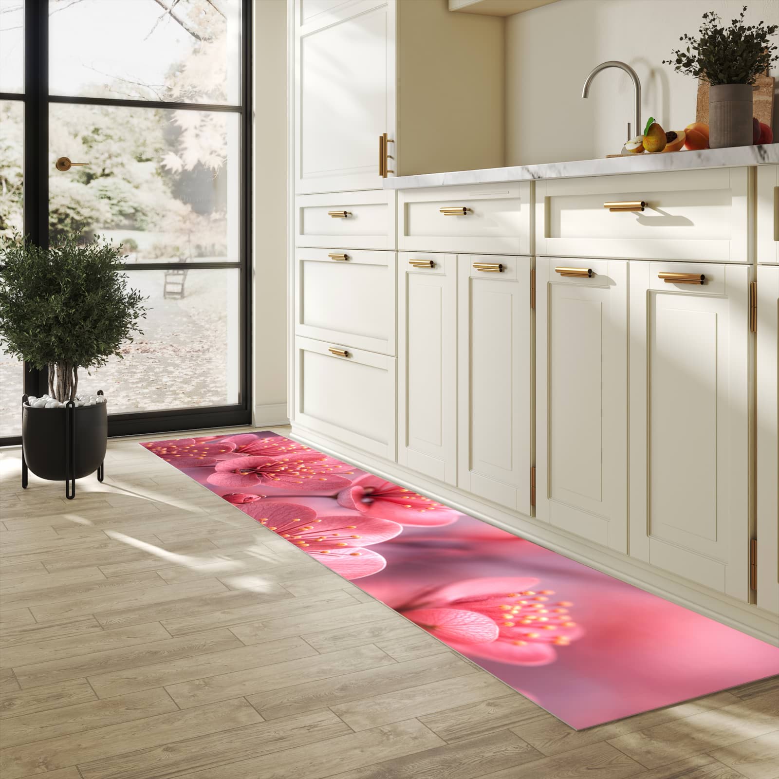 Bodenläufer mit Motiv Kirschbaumblüten für angenehme Haptik in heller Küche