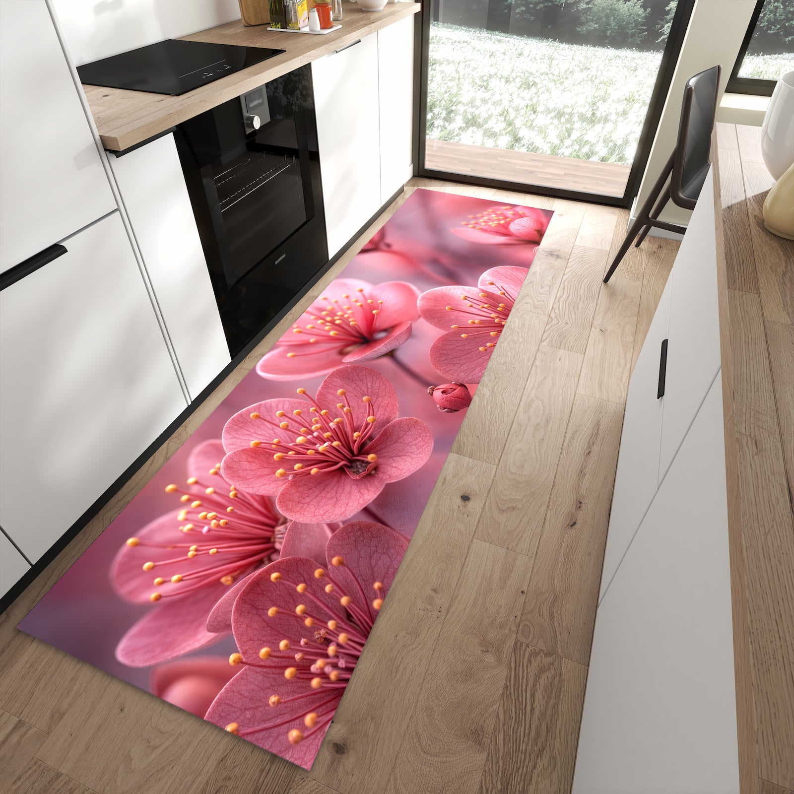 Komfortabler Bodenläufer-Teppich mit Motiv Kirschbaumblüten in moderner Küche