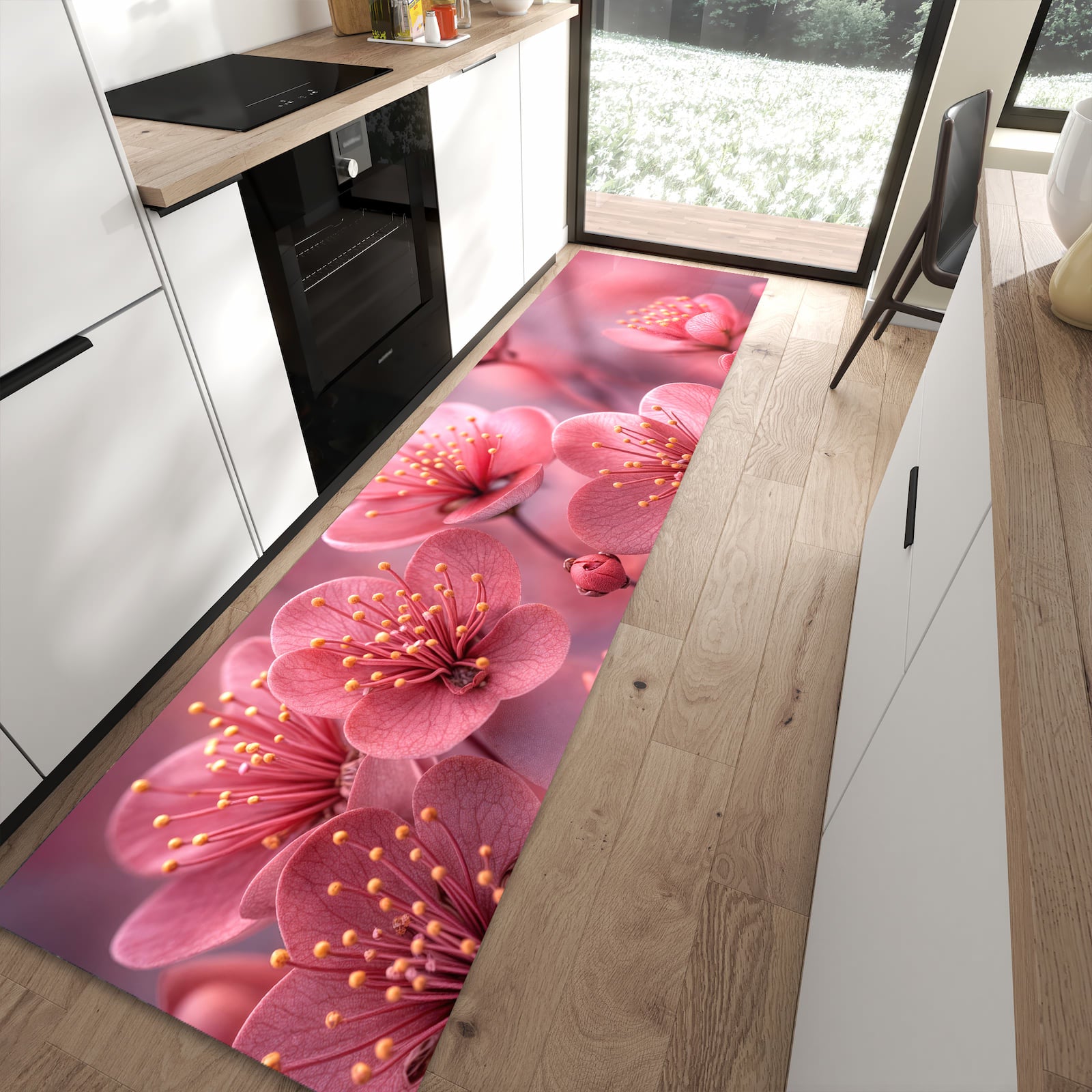 Wasserabweisender Küchenteppich mit Motiv Kirschbaumblüten in moderner Küche