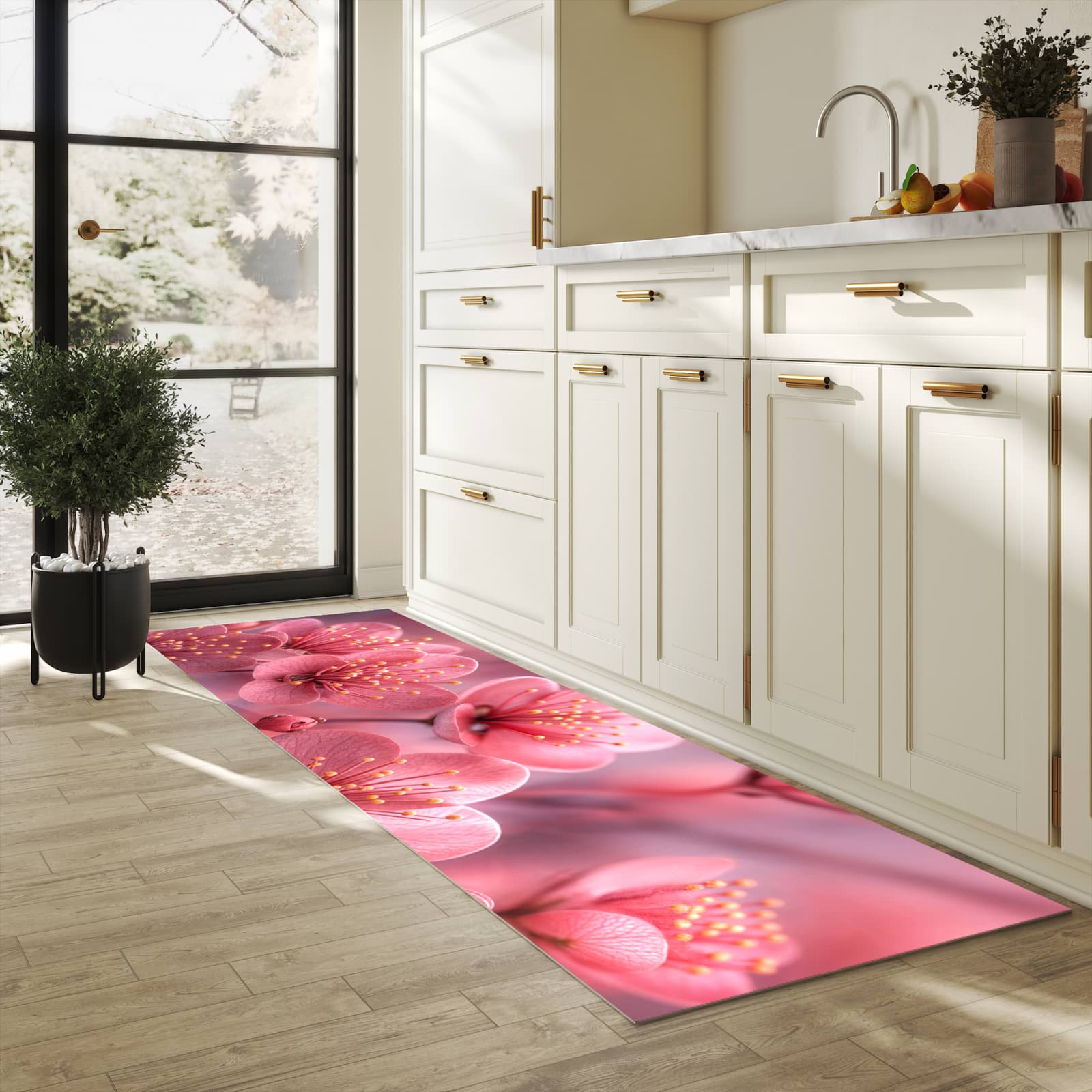Langlebiger Küchenläufer mit Motiv Kirschbaumblüten in heller Küche