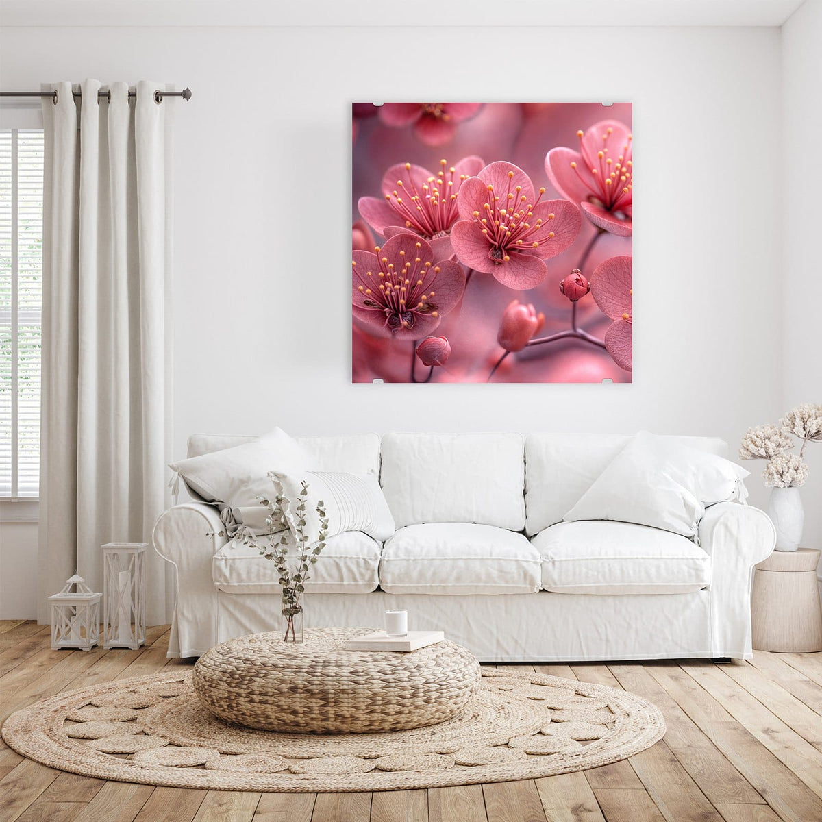 Glasbild Kirschbaumblüten an der Wand – Altrosa Blüten mit gelben Staubgefäßen, komplett in Rosa gehalten