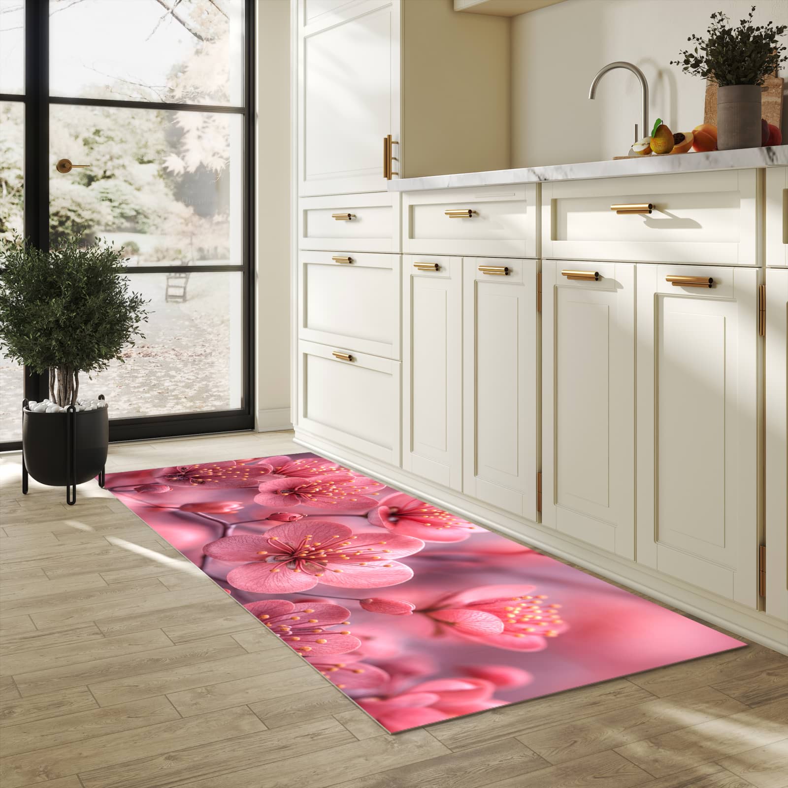 Waschbarer Küchenteppich mit Motiv Kirschbaumblüten in heller Küche schont den Boden