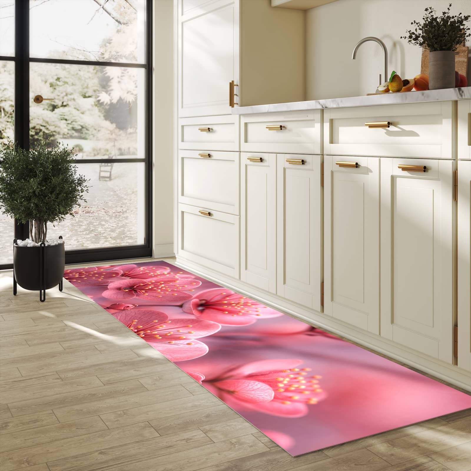 Rutschfester Küchenteppich mit Motiv Kirschbaumblüten in heller Küche