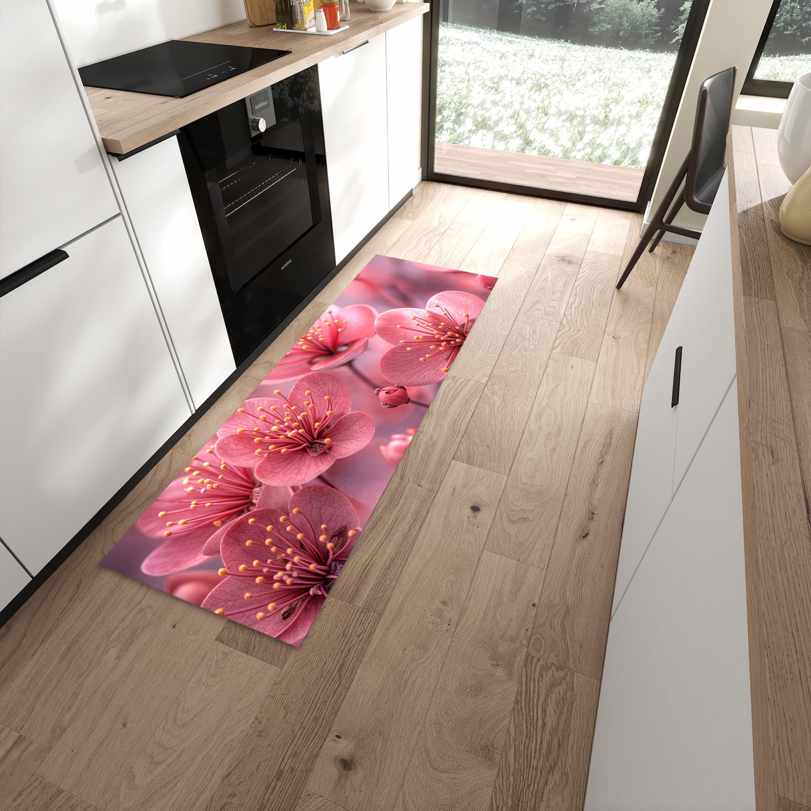 Farbbeständiger dünner Teppich mit Motiv Kirschbaumblüten in moderner Küche