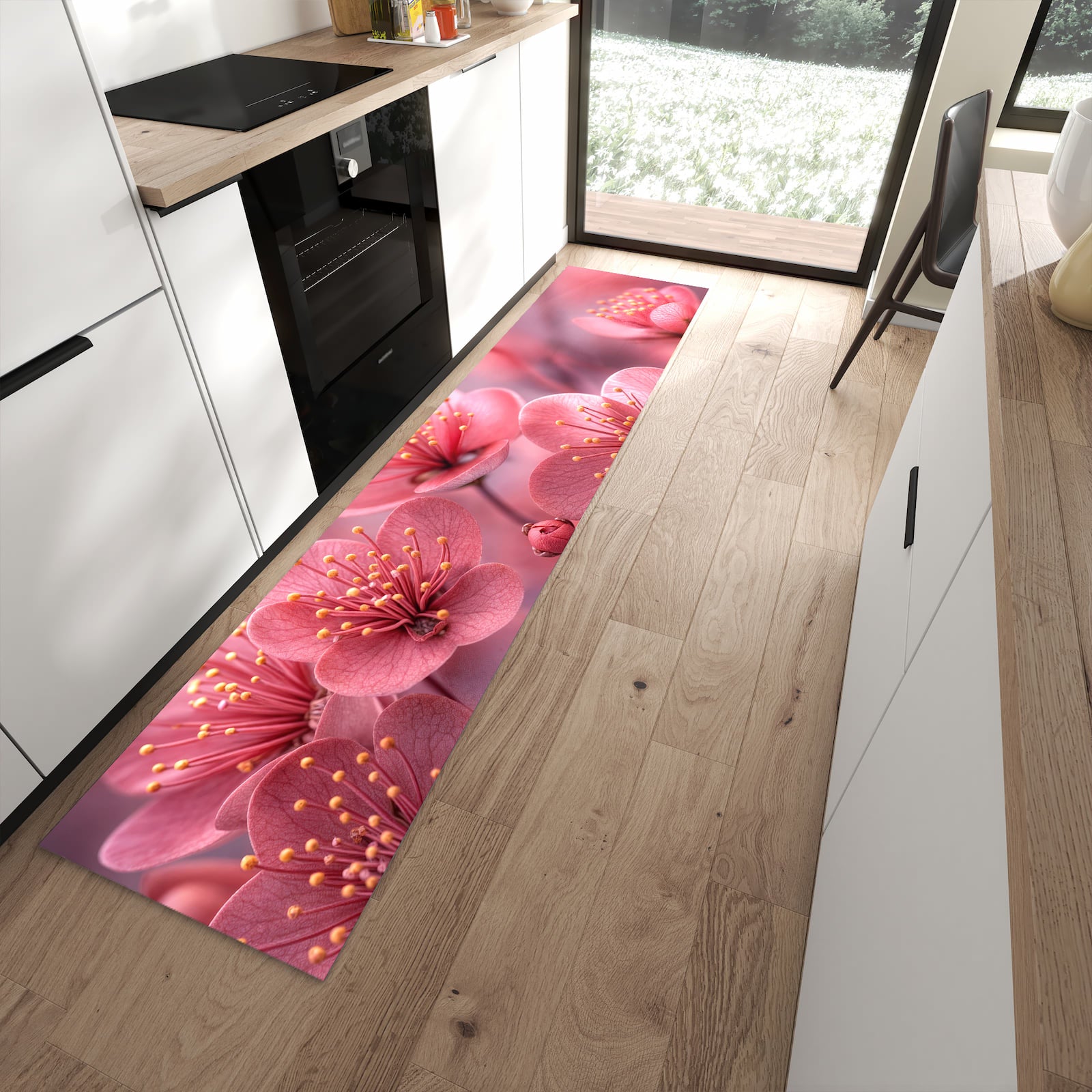 Waschbarer Küchenteppich mit Motiv Kirschbaumblüten in moderner Küche für sichere Aufbewahrung