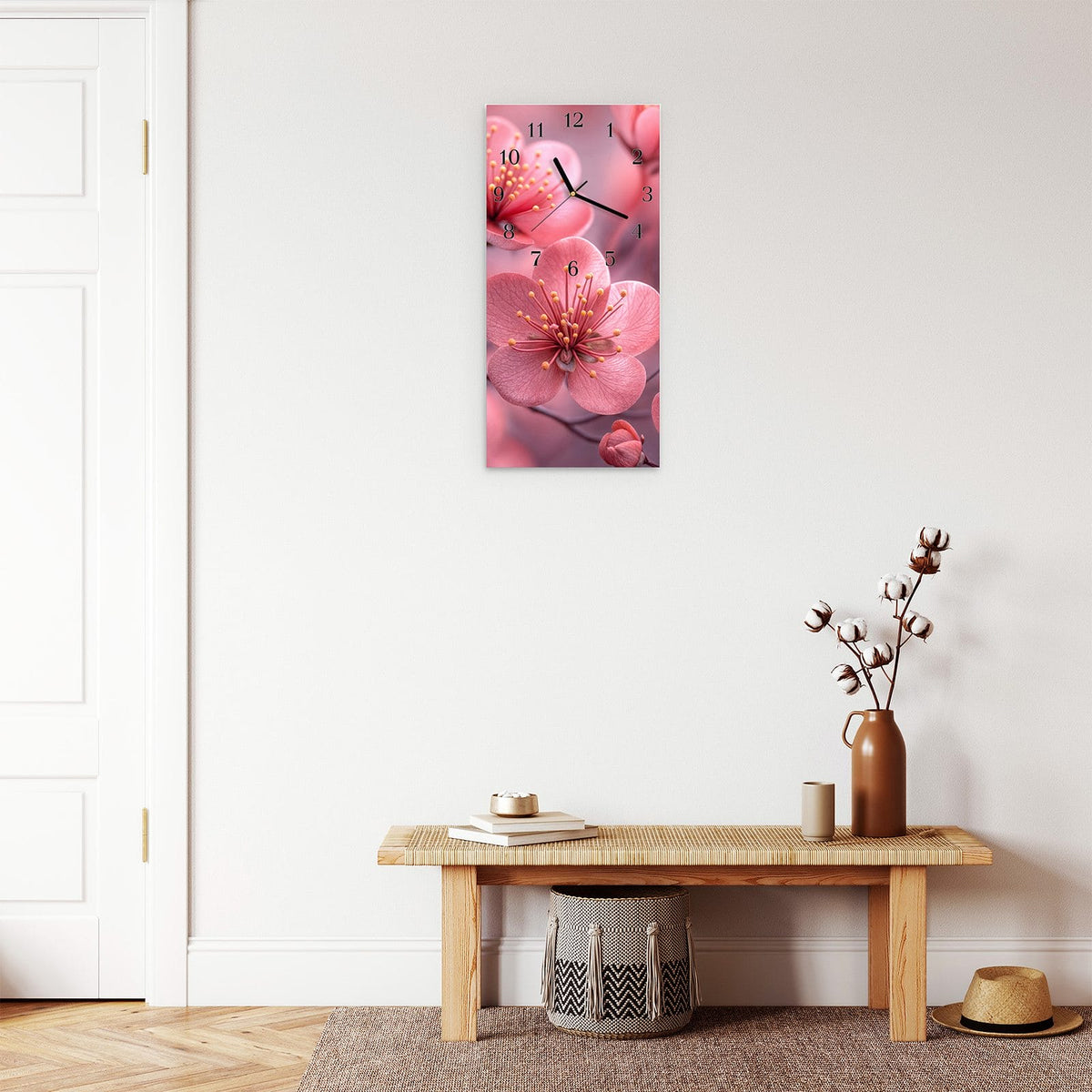 Moderne Wanduhr aus Glas mit Farbtiefe – Wanduhr Kirschbaumblüten aus Glas – Hochformat 30 × 60 cm