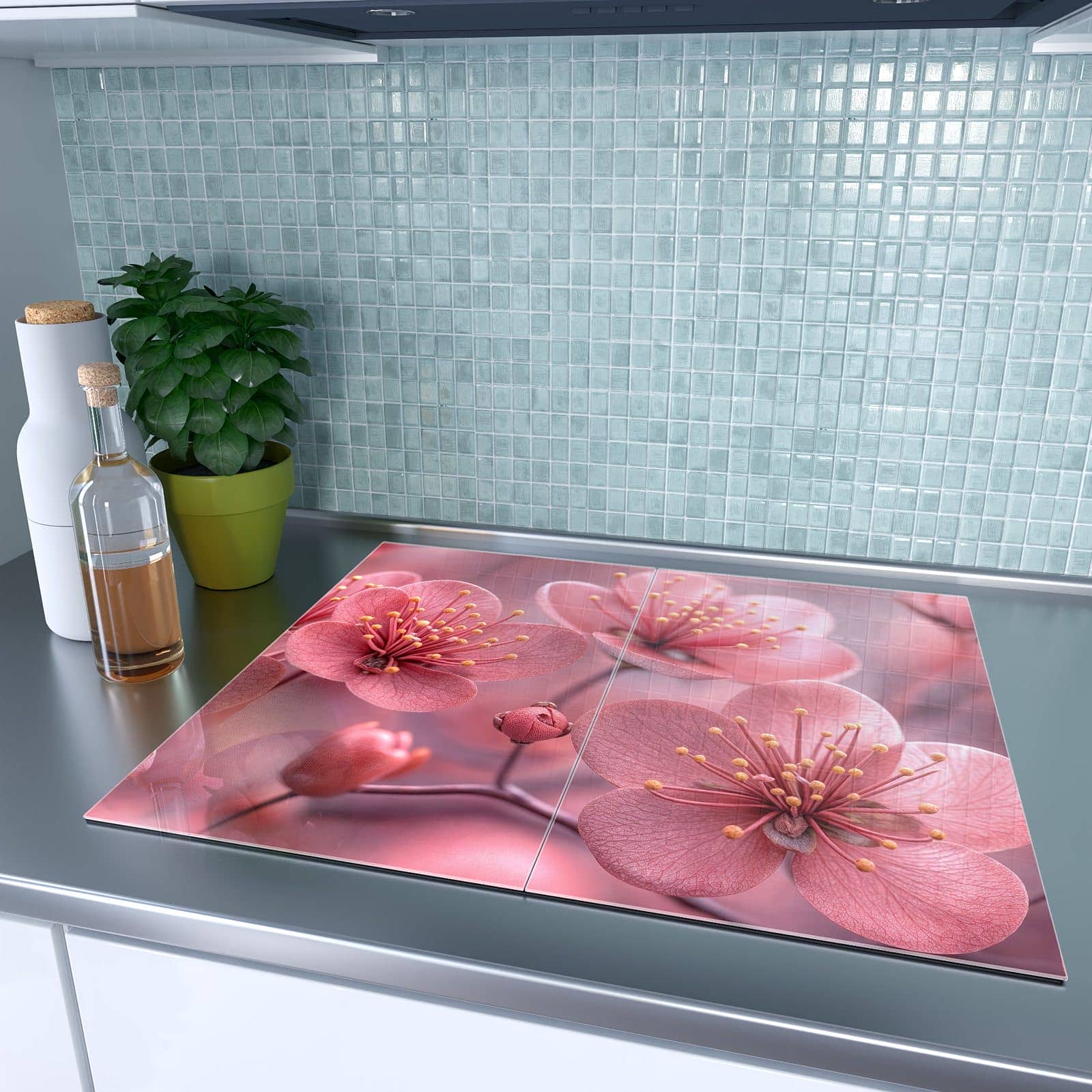 2-teilige Ceranfeld Abdeckplatten mit Kirschbaumblüten-Motiv auf dem Ceranfeld