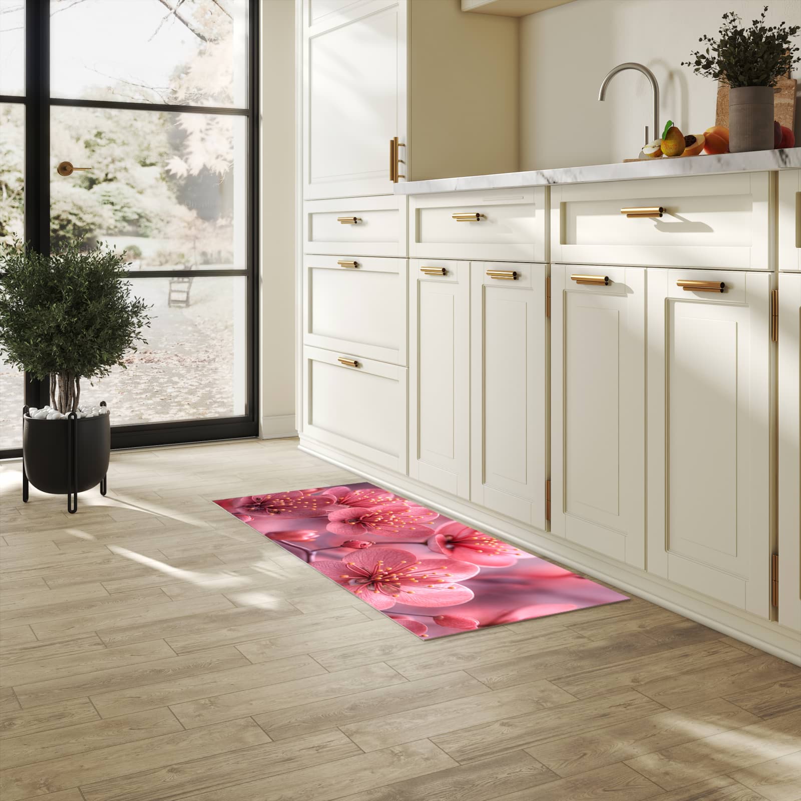 Pflegeleichter dünner Küchenteppich mit Motiv Kirschbaumblüten in heller Küche