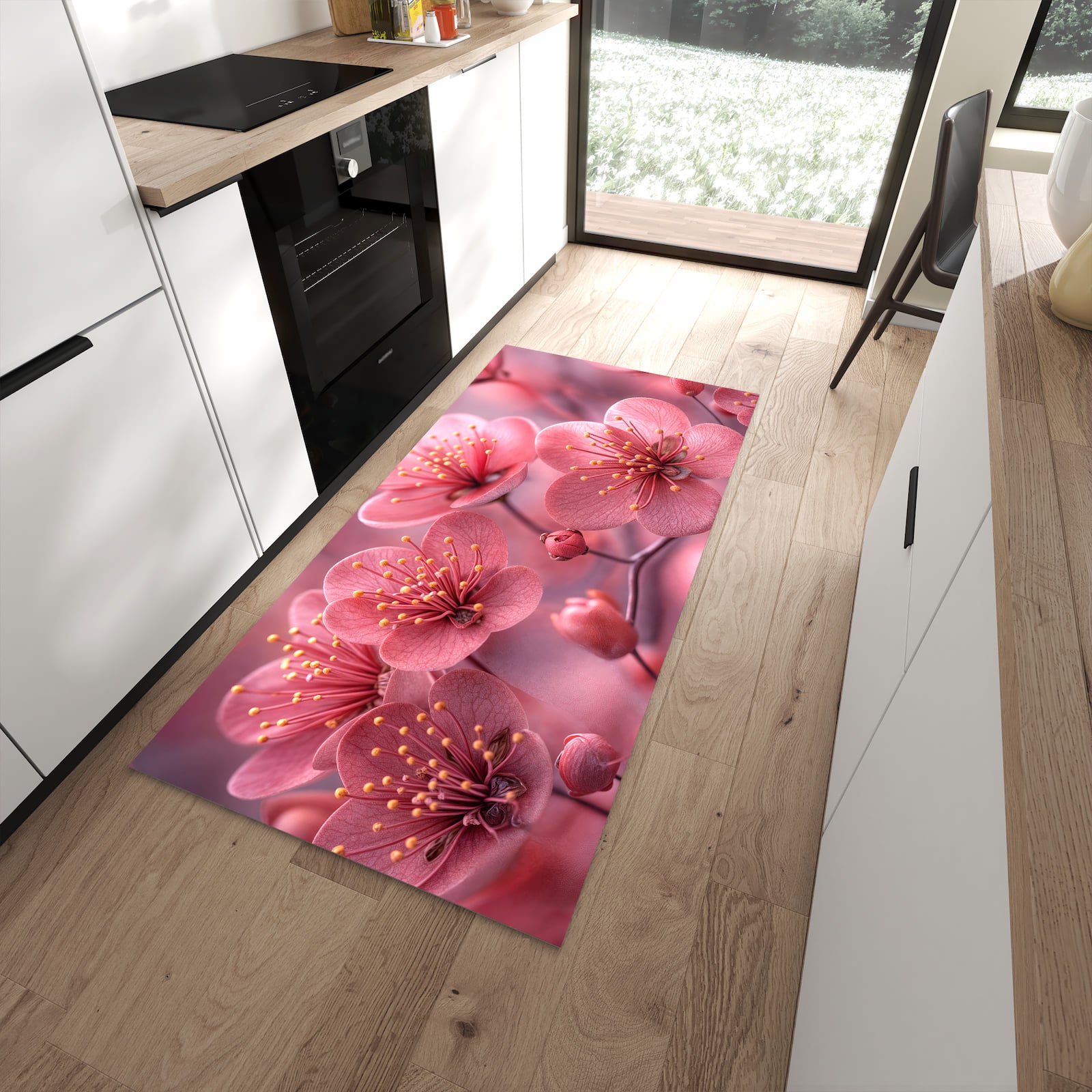 Fleckenresistenter waschbarer Küchenteppich mit Motiv Kirschbaumblüten in moderner Küche