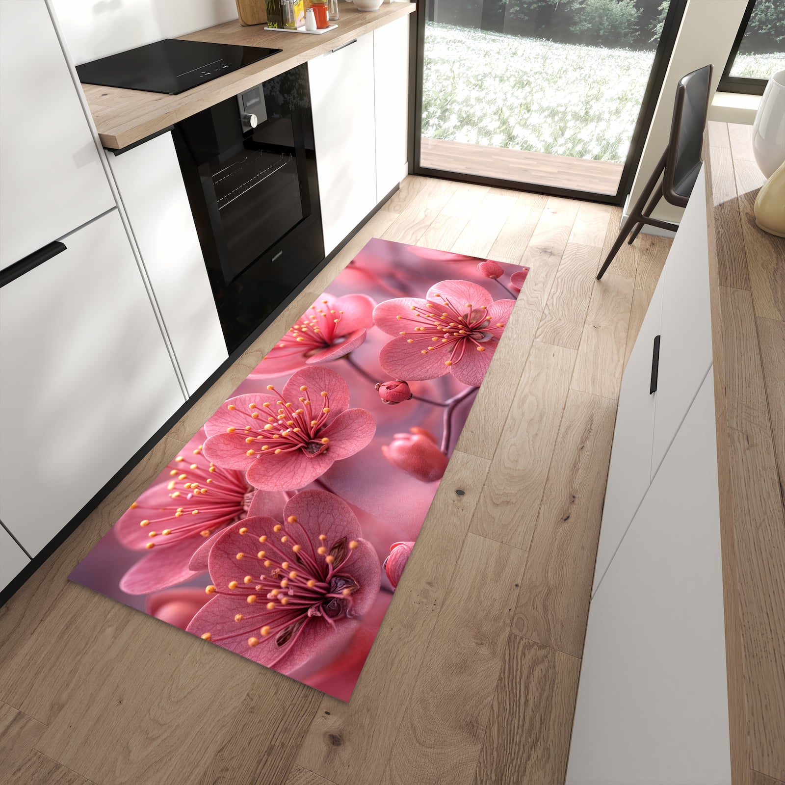 Abriebfester rutschfester Küchenteppich mit Motiv Kirschbaumblüten in moderner Küche
