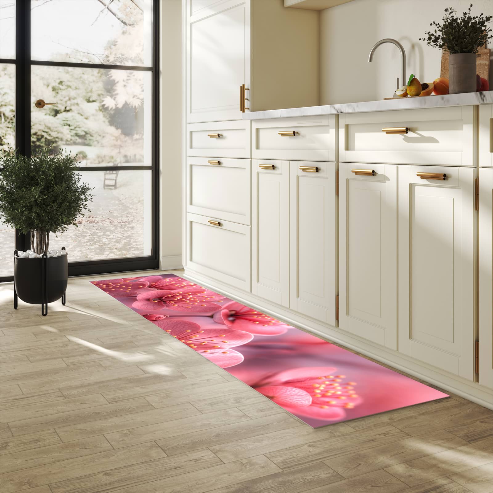 Pflegeleichter rutschfester Küchenteppich mit Motiv Kirschbaumblüten in heller Küche