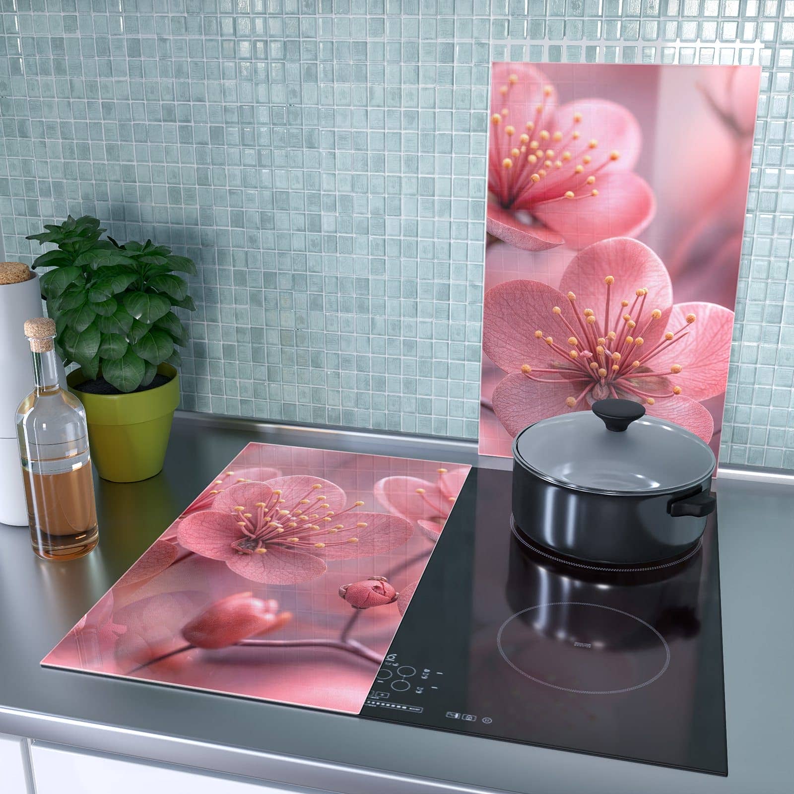 2-teilige Abdeckplatten für den Herd mit Kirschbaumblüten-Motiv als Spritzschutz hinter dem Kochfeld