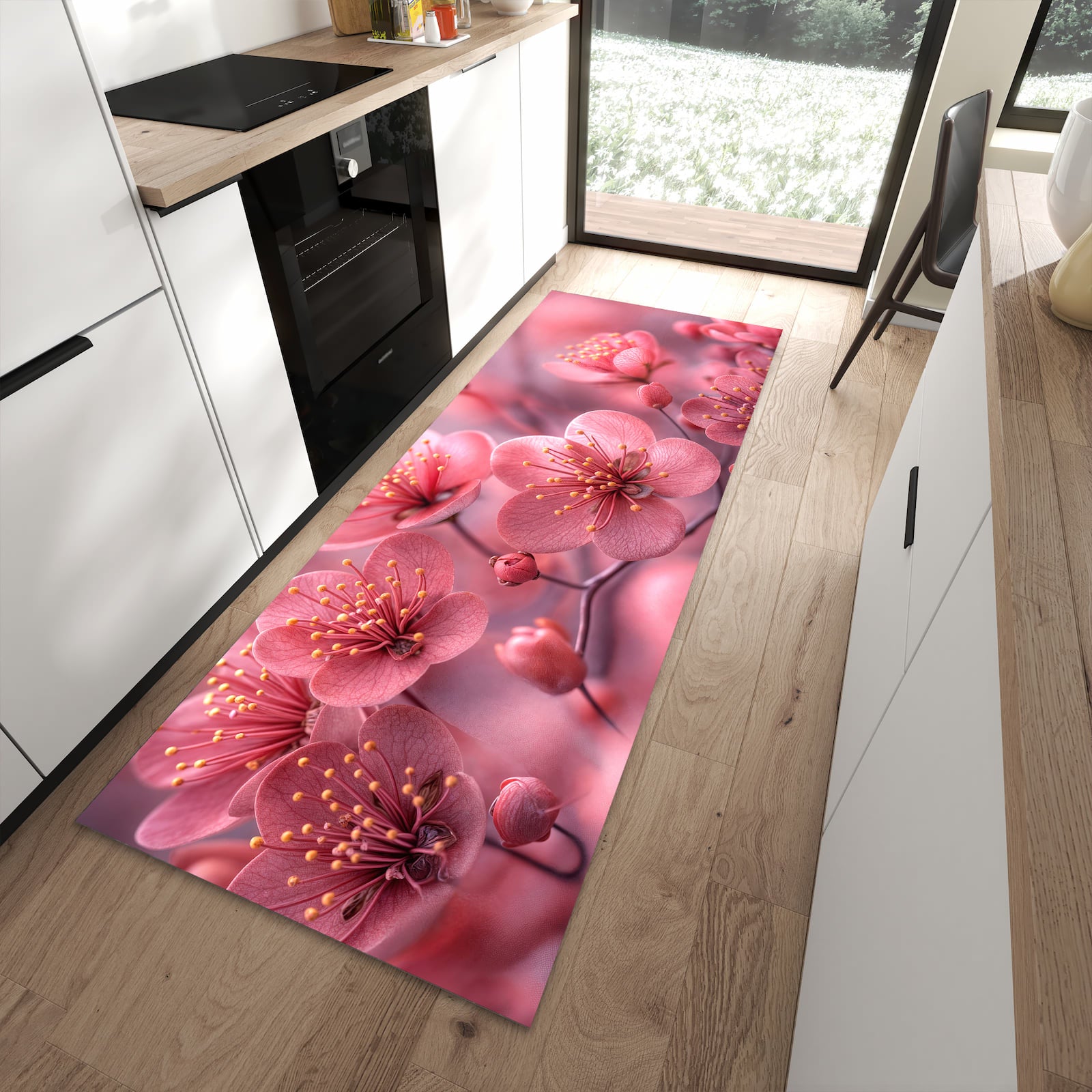 Schmutzabweisender Küchenteppich mit Motiv Kirschbaumblüten in moderner Küche