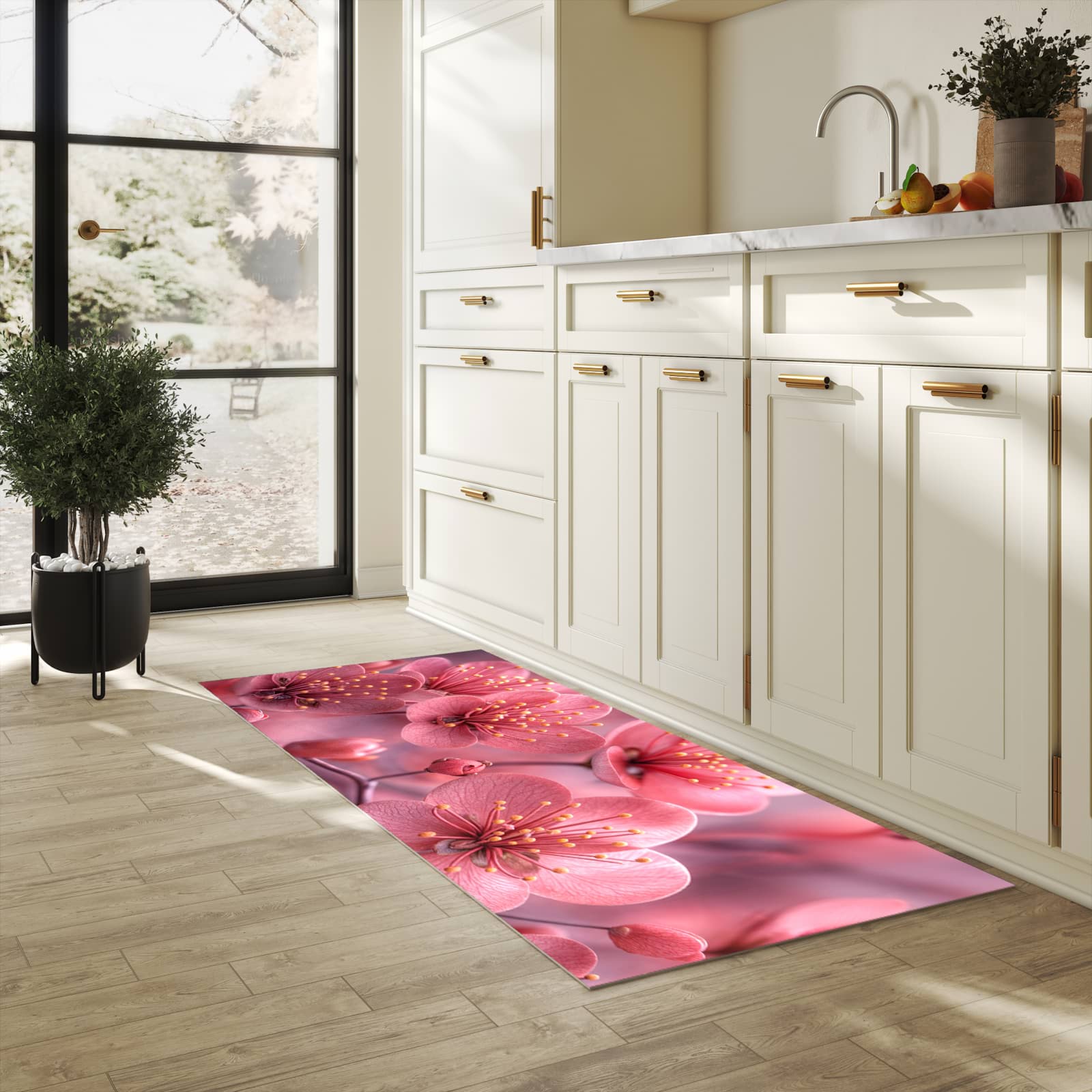 Strapazierfähiger Küchenteppich mit Motiv Kirschbaumblüten in heller Küche
