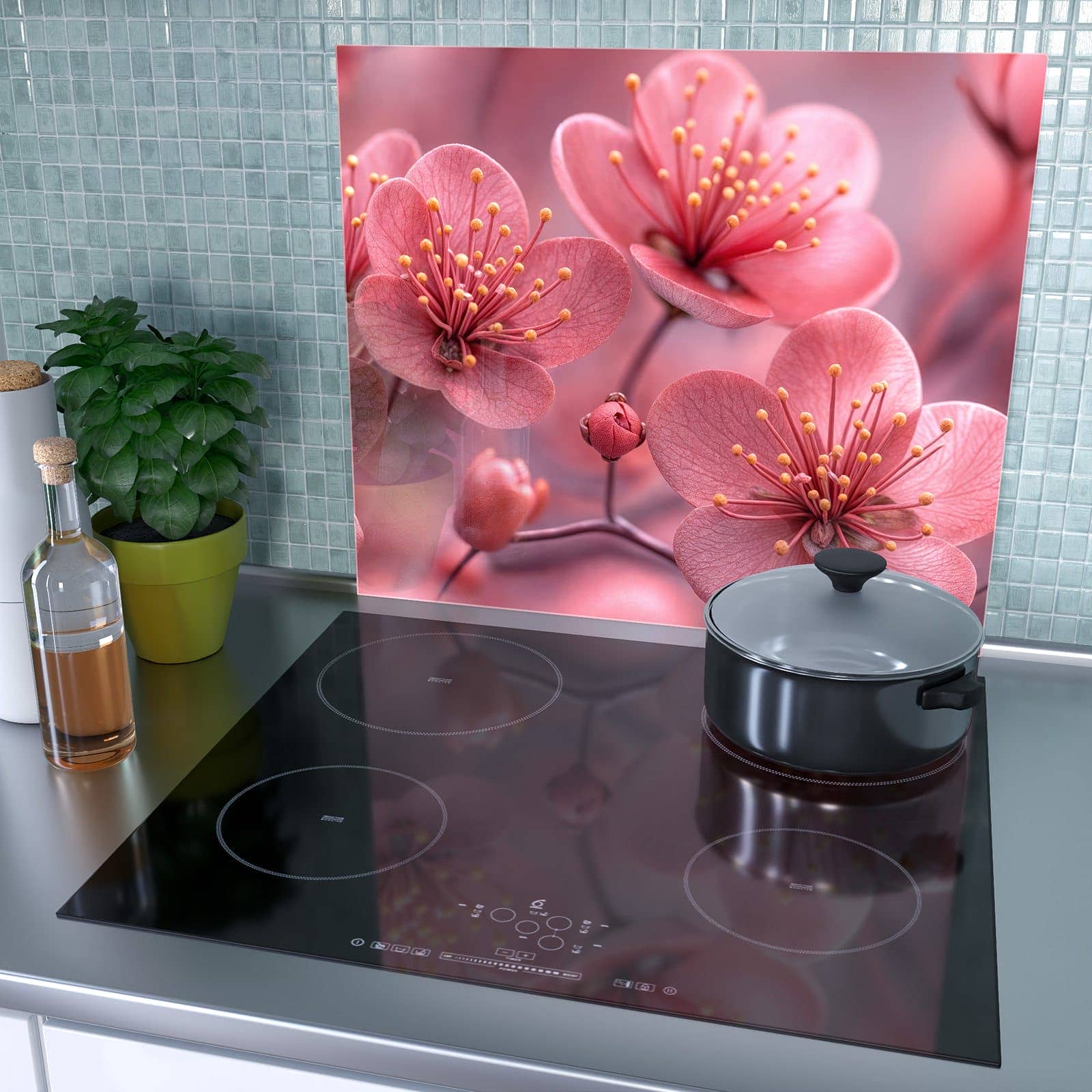 1-teilige Herdabdeckplatte mit Kirschbaumblüten-Motiv als Spritzschutz hinter dem Kochfeld