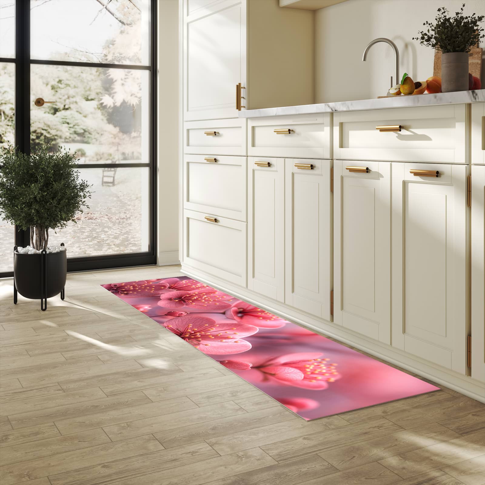 Rutschfester Teppich für Esstisch mit Motiv Kirschbaumblüten in heller Küche
