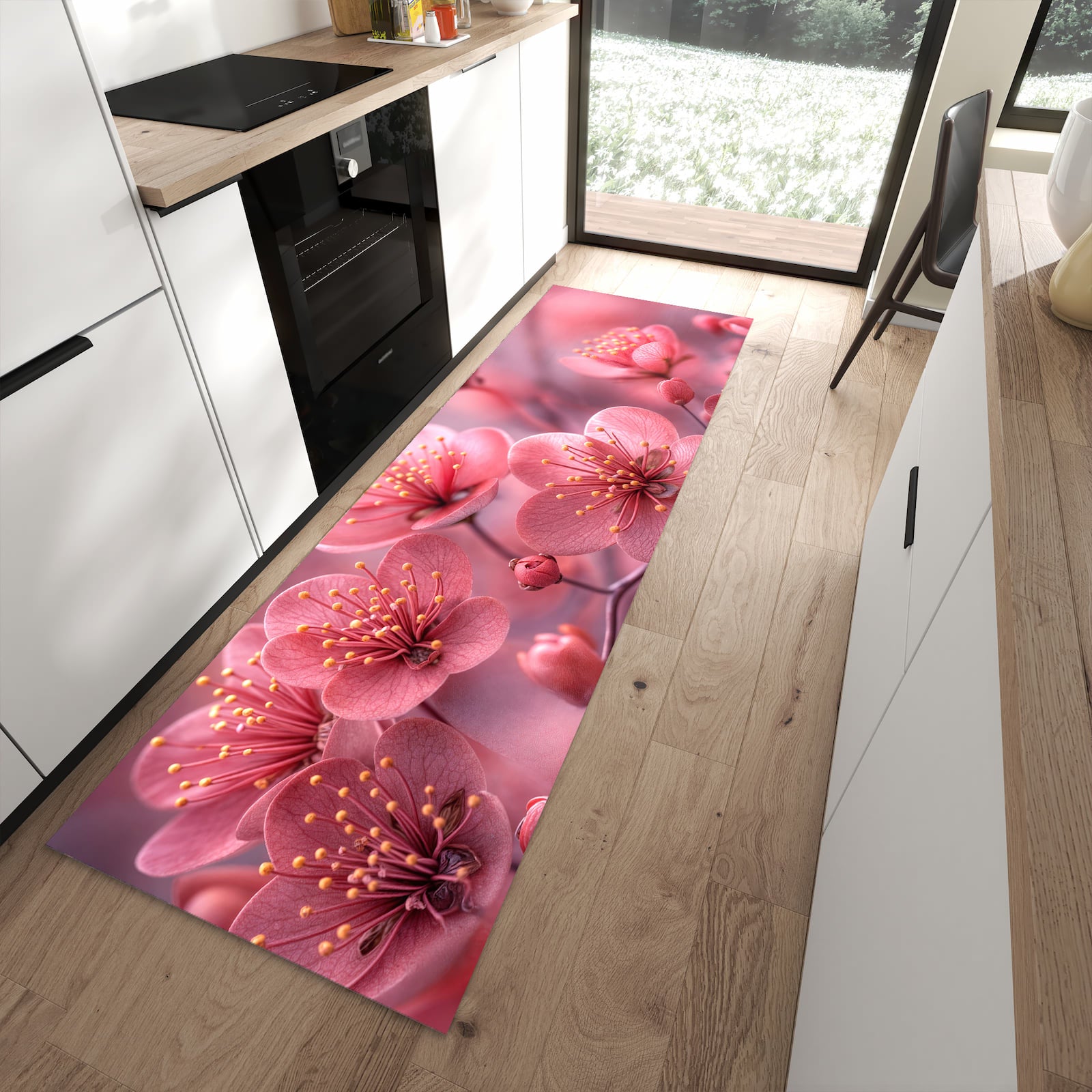 UV-beständiger Bodenläufer mit Motiv Kirschbaumblüten in moderner Küche