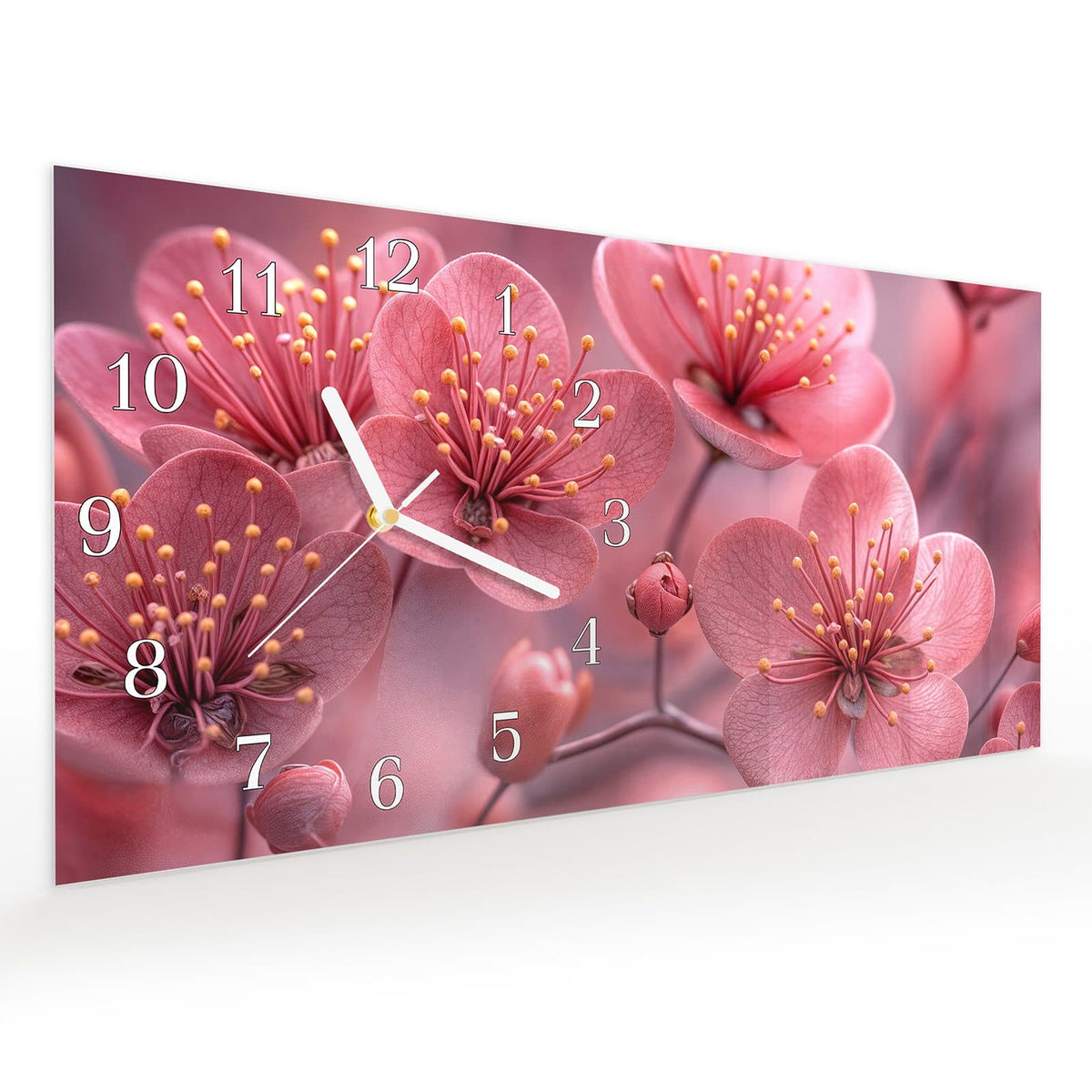 Vormontiert – mit Schwebeeffekt – Wanduhr Kirschbaumblüten aus Glas – Querformat 60 × 30 cm