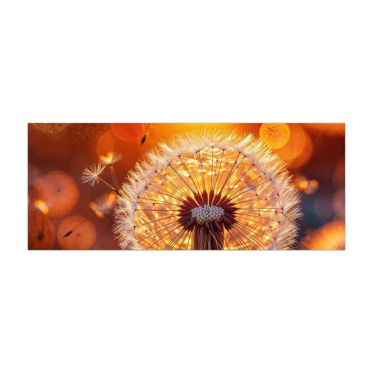 Küchenrückwand aus Glas Pusteblume vor Sonne im Hochformat, Motiv bildfüllend von vorn