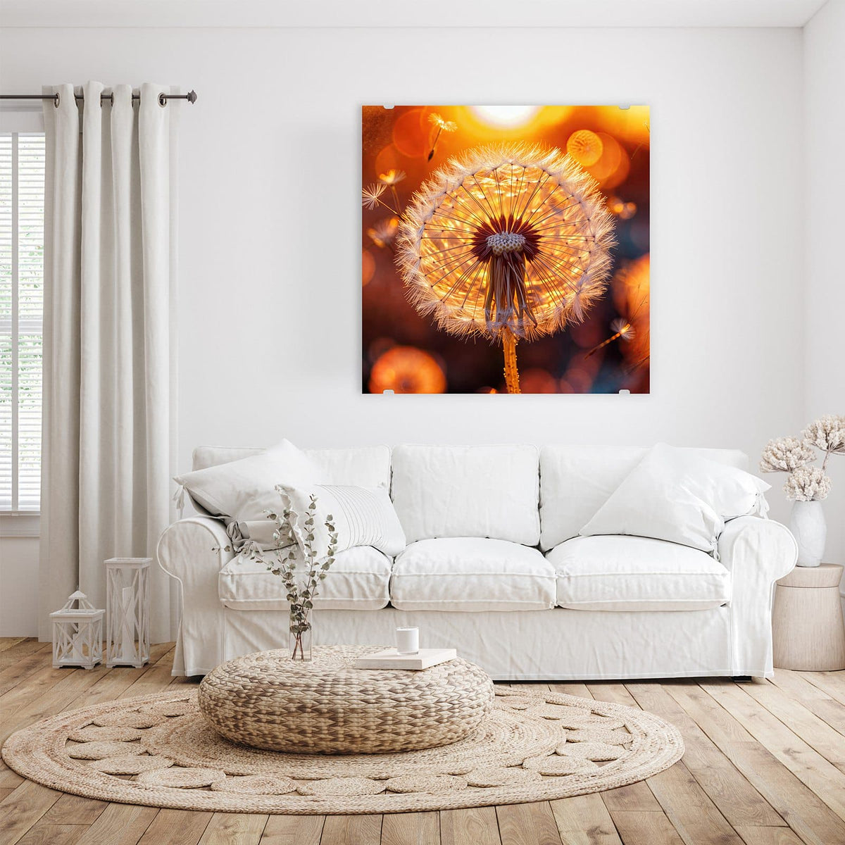 Pusteblume im Gegenlicht der untergehenden Sonne, einzelne Schirmchen fliegen