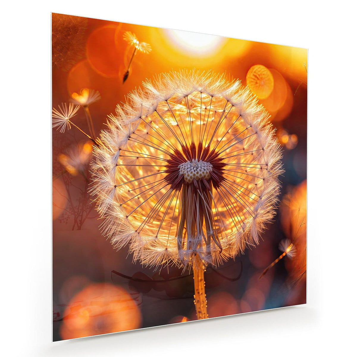 Pusteblume im Gegenlicht der untergehenden Sonne, einzelne Schirmchen fliegen