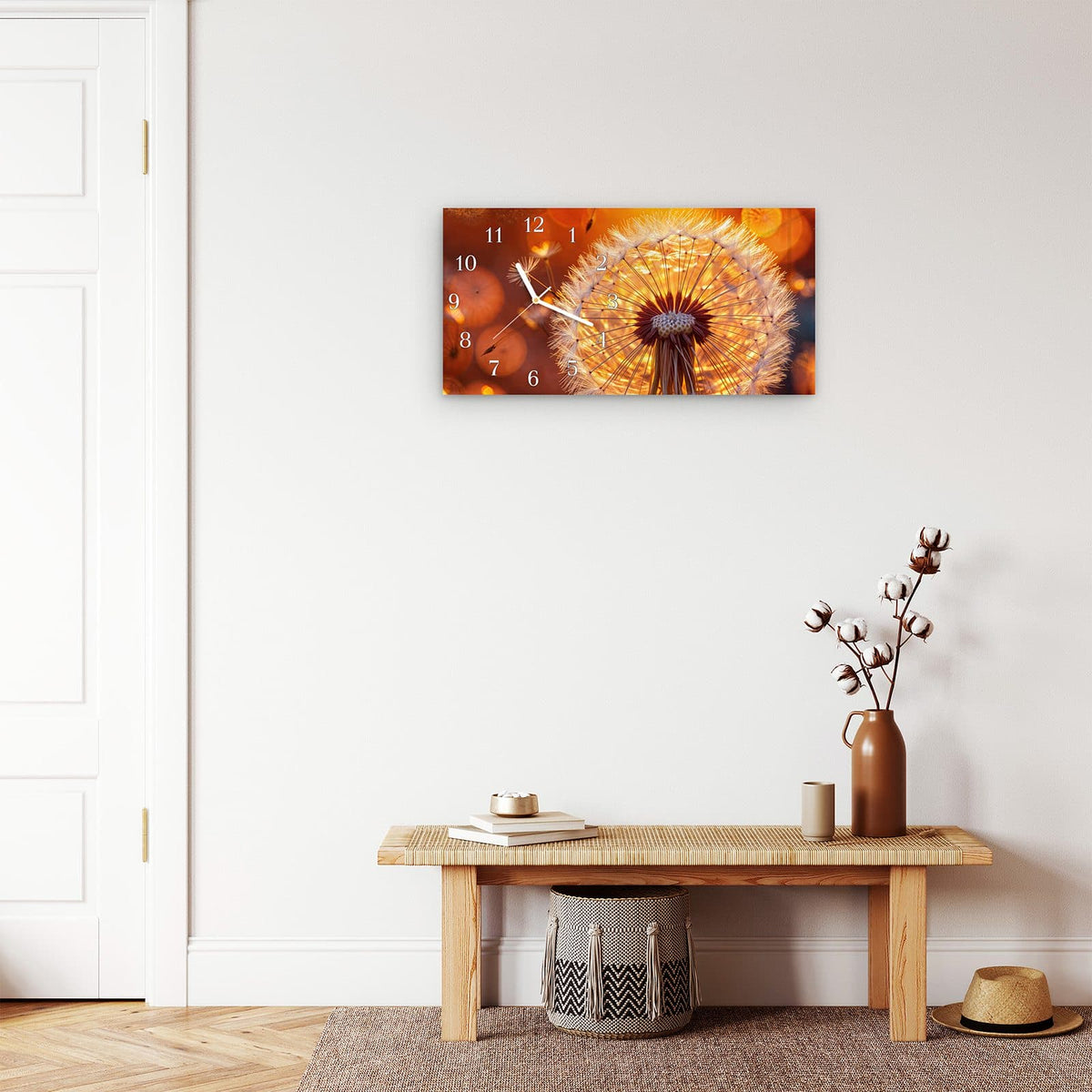 Moderne Wanduhr aus Glas mit Farbtiefe – Wanduhr Leuchtender Loewenzahn aus Glas – Querformat 60 × 30 cm