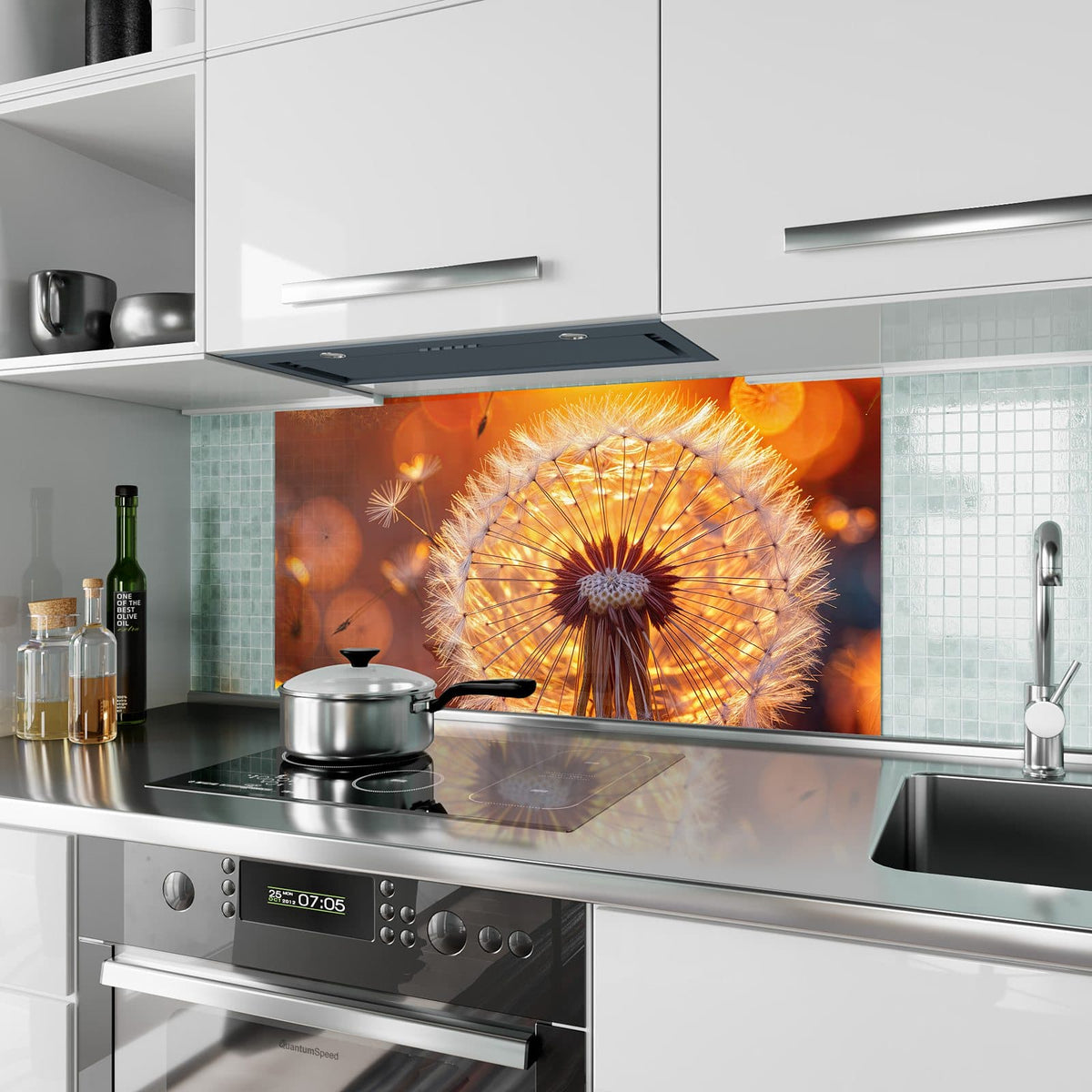 Küchenrückwand aus Glas Pusteblume vor Sonne im Hochformat als Spritzschutz hinter dem Kochfeld, über dem Fliesenspiegel montiert