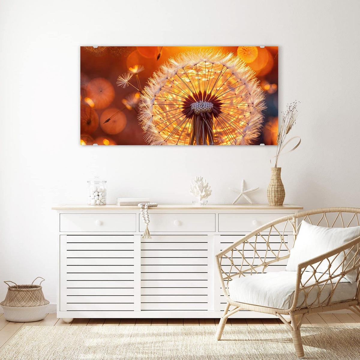 Echtglas, 4 mm – kein Acryl, keine Folie – Wandbild - Pusteblume vor Sonne - Querformat