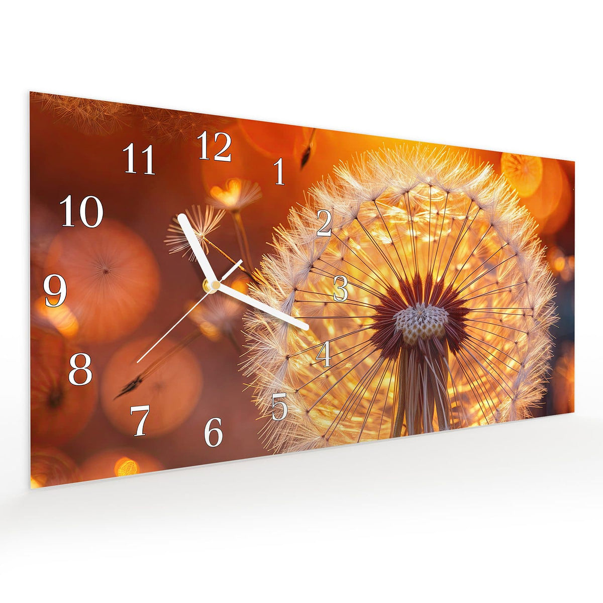 Vormontiert – mit Schwebeeffekt – Wanduhr Leuchtender Loewenzahn aus Glas – Querformat 60 × 30 cm