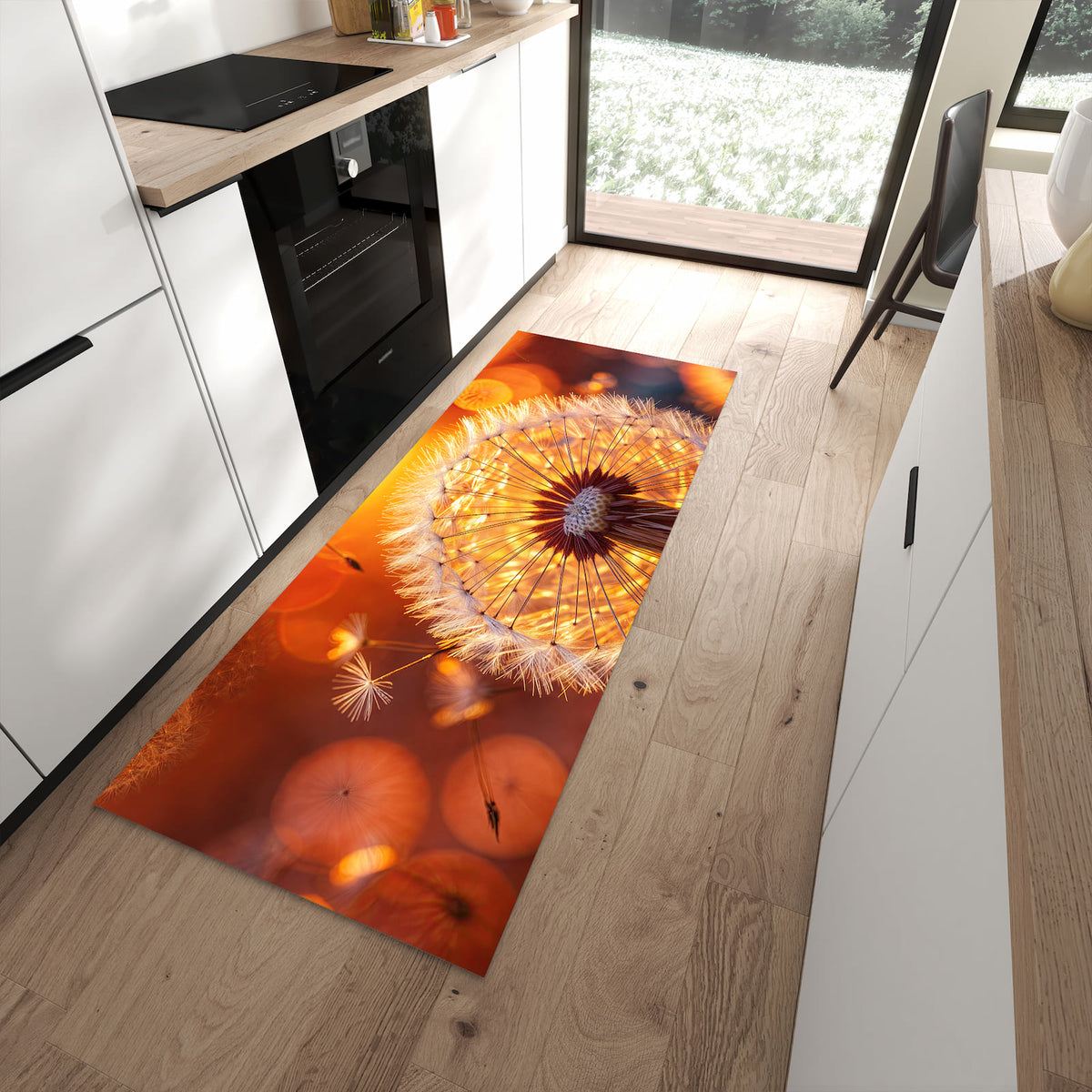 Wasserabweisender Küchenteppich mit Motiv Leuchtender Loewenzahn in moderner Küche