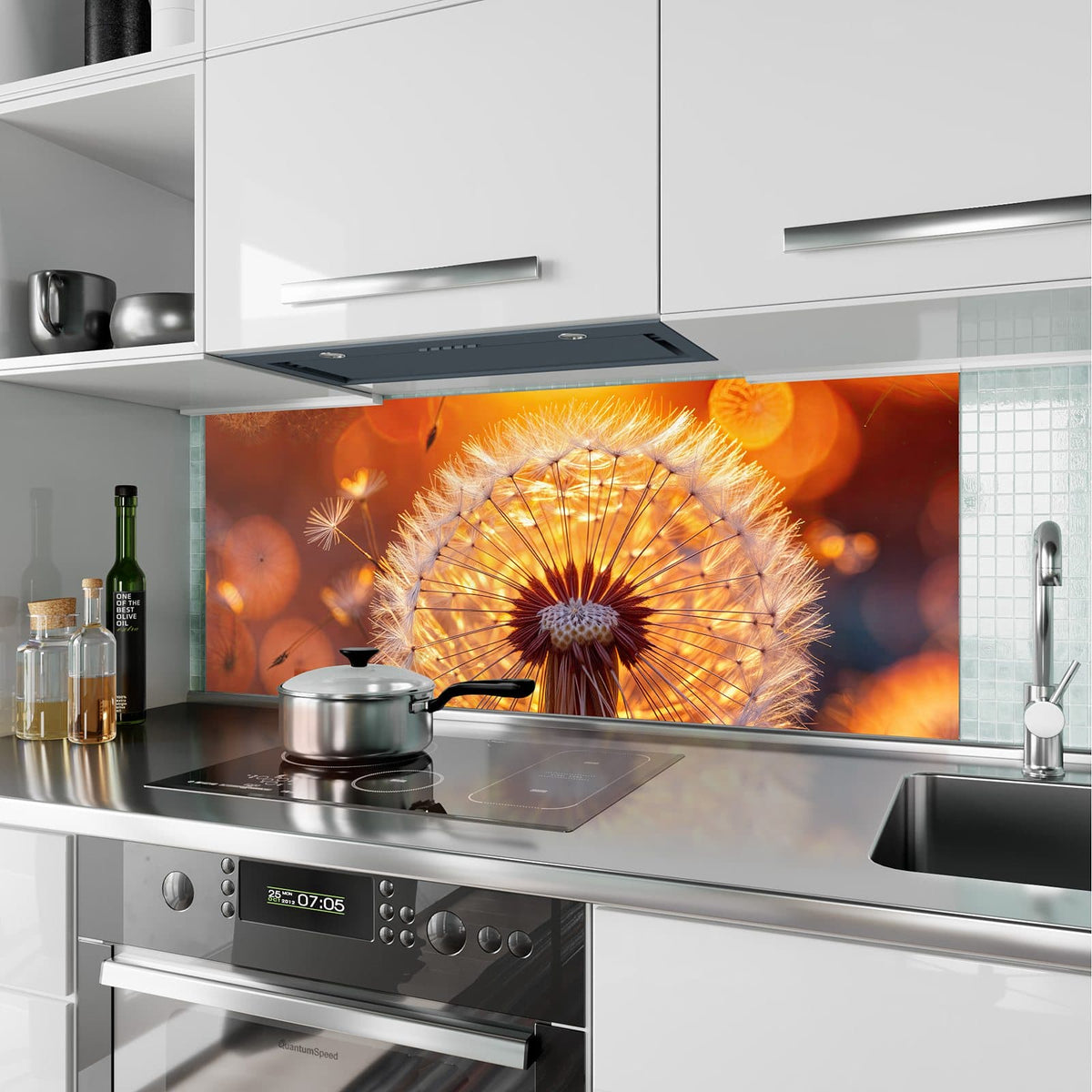 Küchenrückwand aus Glas Pusteblume vor Sonne im Hochformat als Spritzschutz hinter dem Kochfeld, über dem Fliesenspiegel montiert