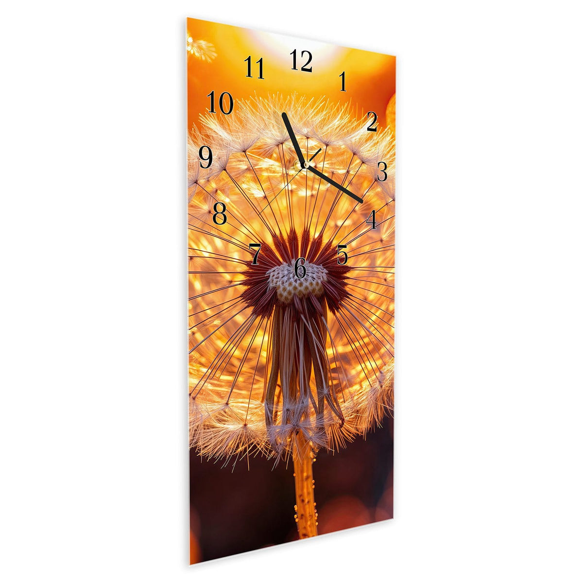 Vormontiert – mit Schwebeeffekt – Wanduhr Leuchtender Loewenzahn aus Glas – Hochformat 30 × 60 cm