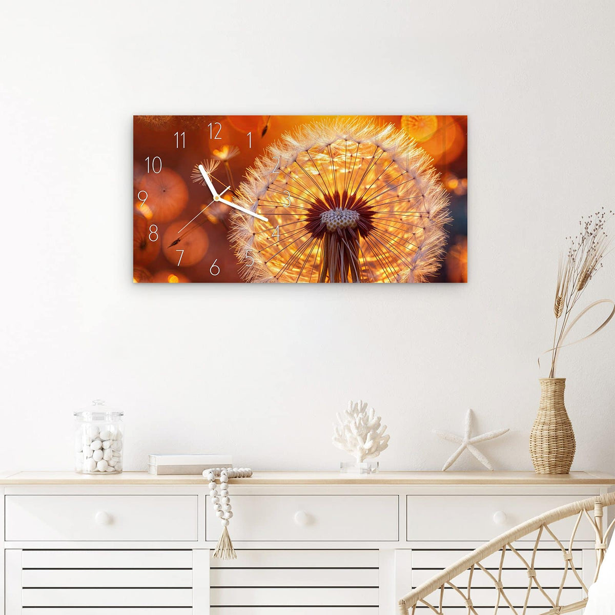 Wanduhr Leuchtender Loewenzahn aus Glas – Querformat 60 × 30 cm – Löwenzahn im goldenen Abendlicht