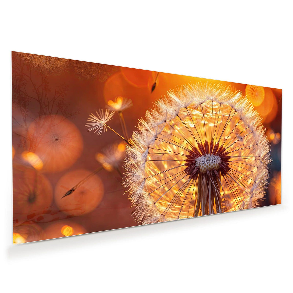 Pusteblume im Gegenlicht der untergehenden Sonne, einzelne Schirmchen fliegen