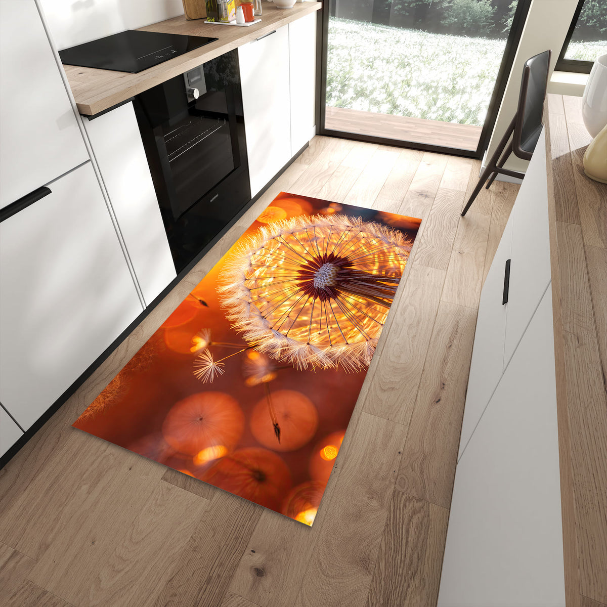 Langlebiger Küchenteppich mit Motiv Leuchtender Loewenzahn in moderner Küche