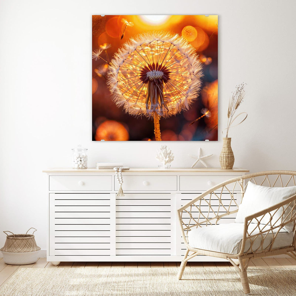 Echtglas, 4 mm – kein Acryl, keine Folie – Wandbild - Pusteblume vor Sonne - Quadratisch